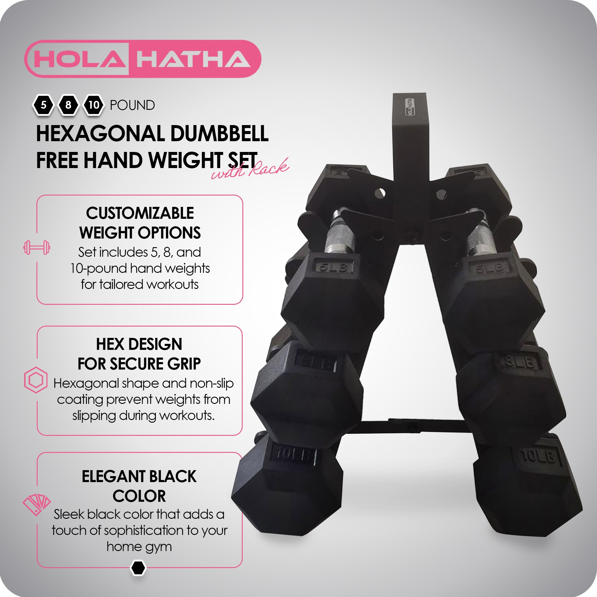 HolaHatha Hexagonal Dumbbell Free Hand Weight Set w/ Rack, 5, 8, & 10 Lbs, Black - Smart-nests