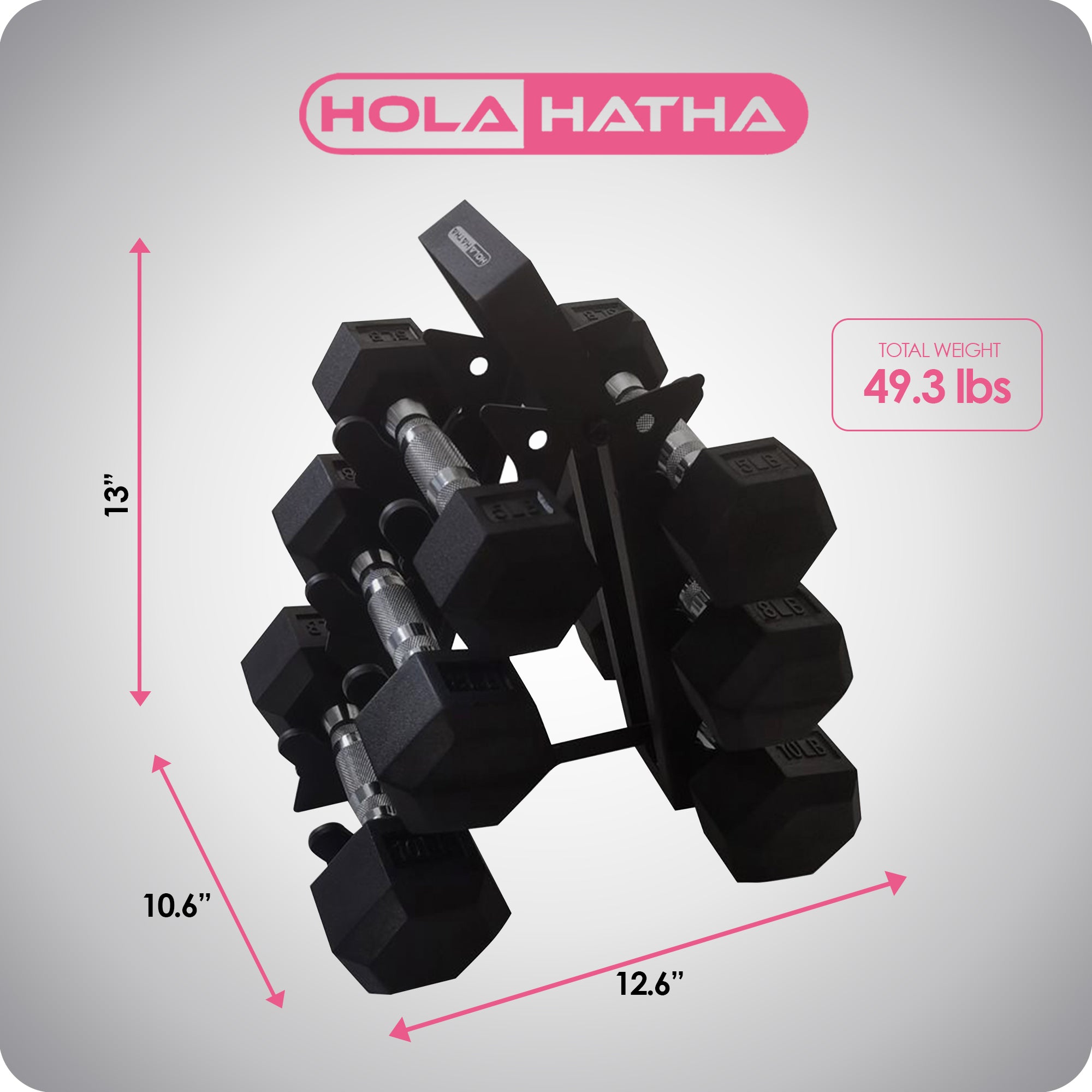 HolaHatha Hexagonal Dumbbell Free Hand Weight Set w/ Rack, 5, 8, & 10 Lbs, Black - Smart-nests