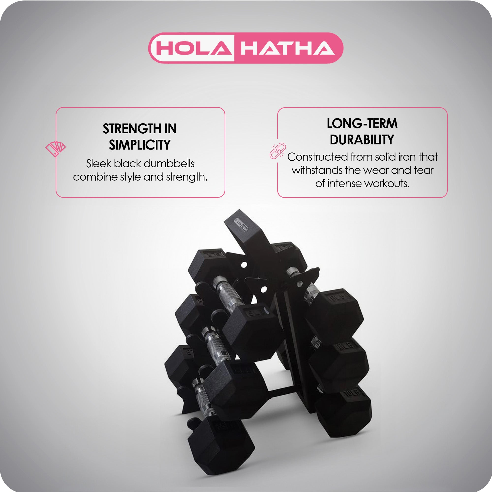 HolaHatha Hexagonal Dumbbell Free Hand Weight Set w/ Rack, 5, 8, & 10 Lbs, Black - Smart-nests