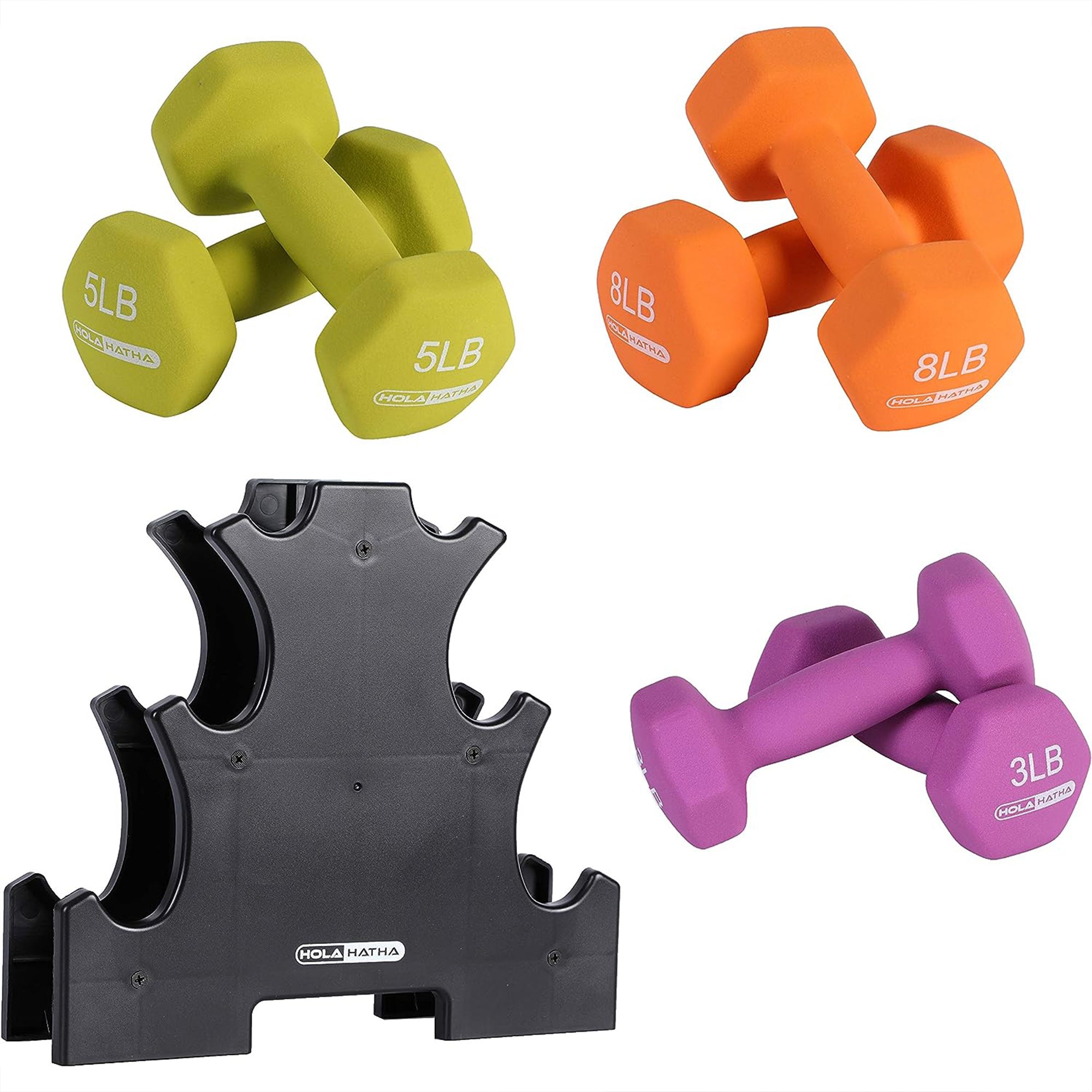 HolaHatha 3, 5 and 8 Pound Neoprene Dumbbell Strength Training Weights Set Rack - Smart-nests