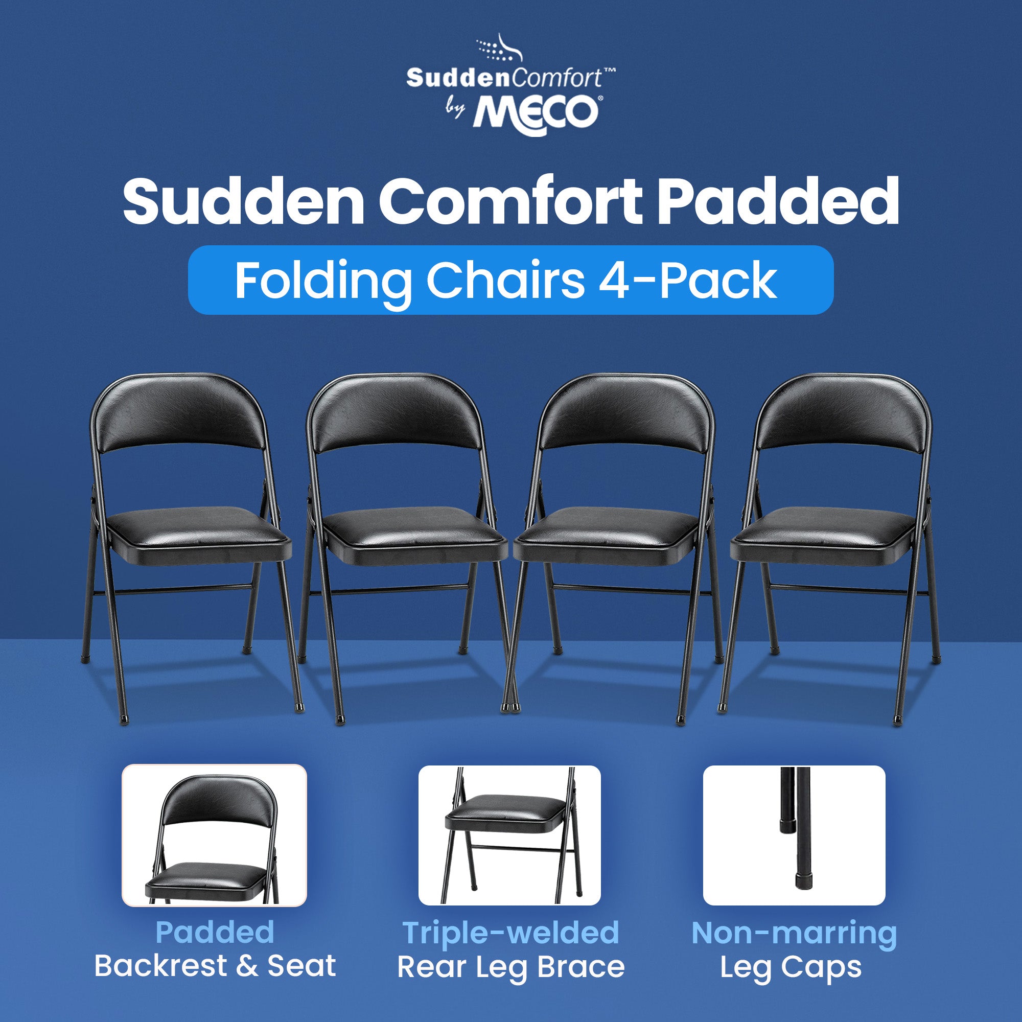 MECO 4-Pack of Deluxe Vinyl Padded Folding Chairs with 16 x 16 Inch Seat, Black - Smart-nests