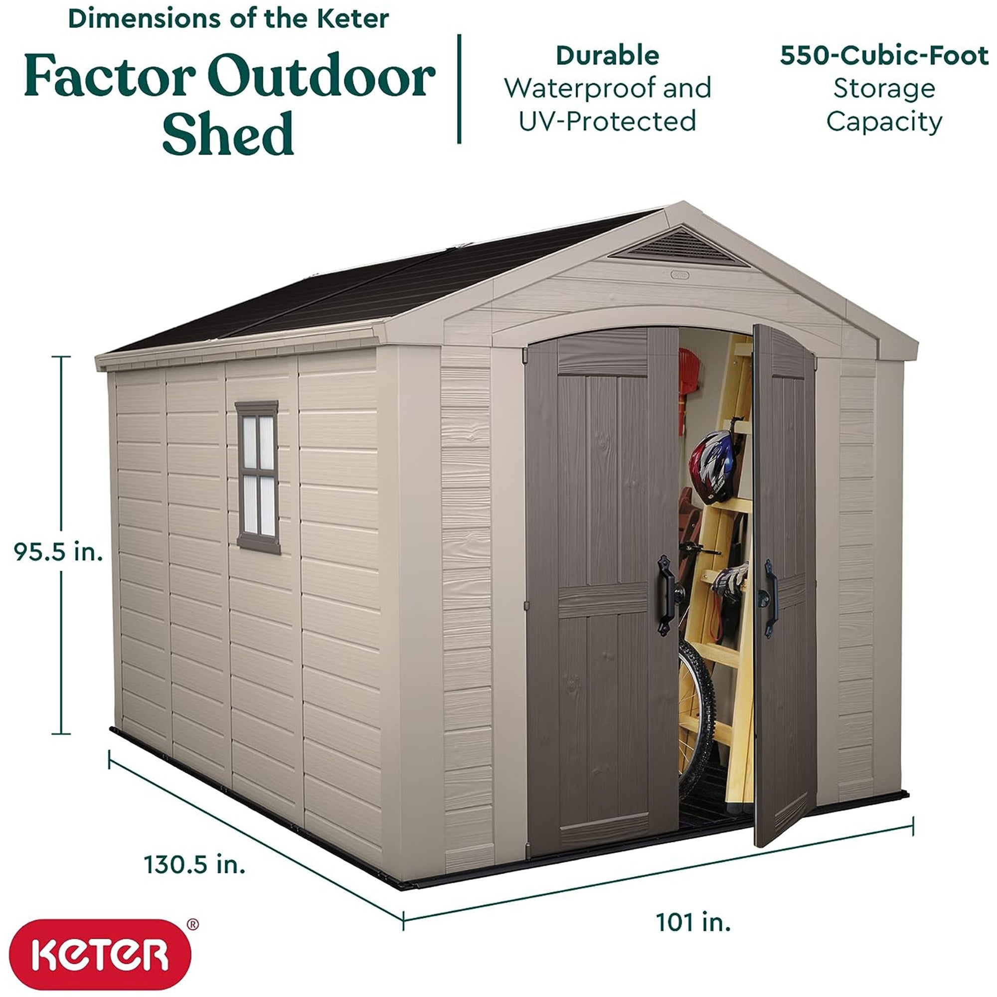 Keter 211203 Factor 8 x 11 All Weather Resistant Outdoor Storage Shed, Taupe - Smart-nests