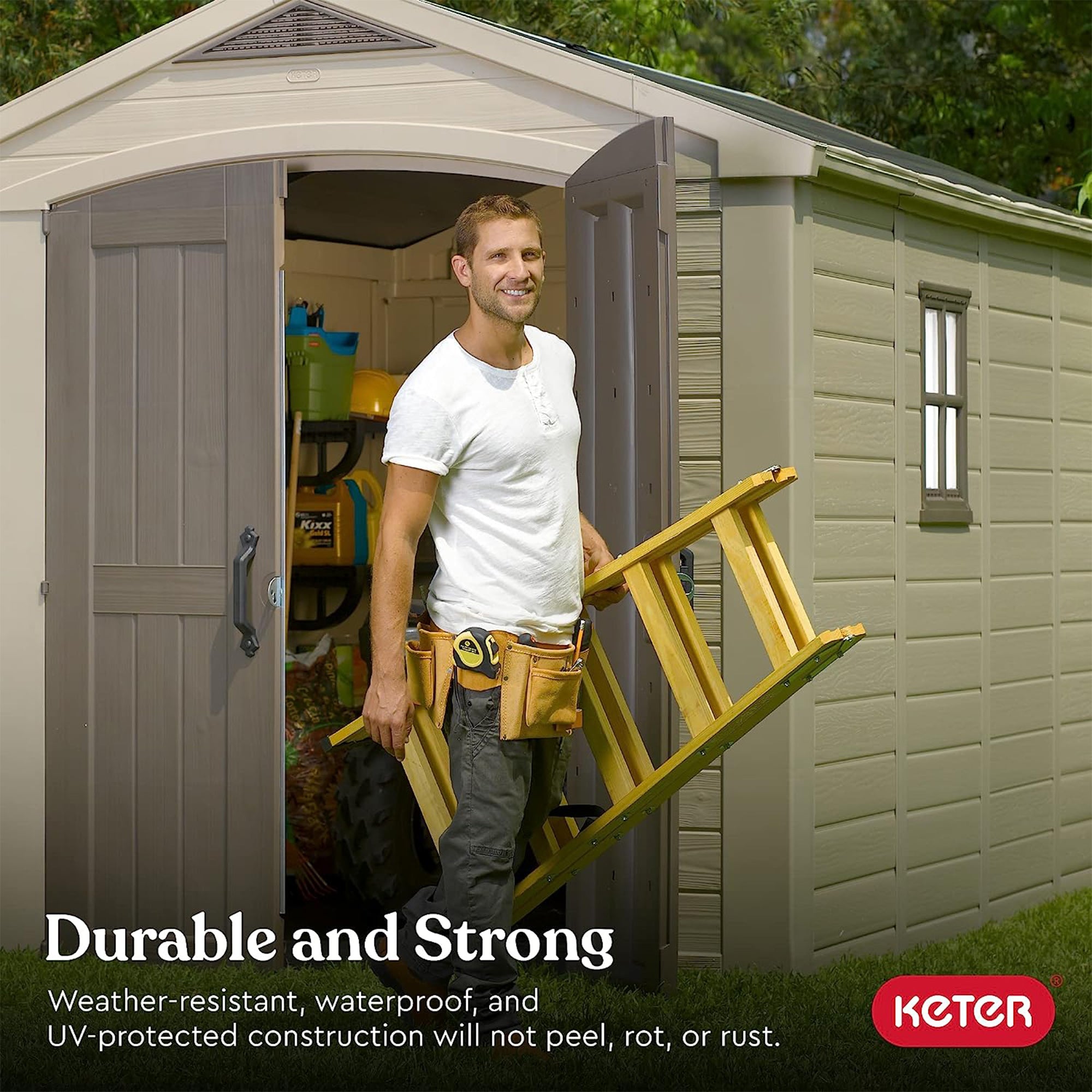 Keter 211203 Factor 8 x 11 All Weather Resistant Outdoor Storage Shed, Taupe - Smart-nests