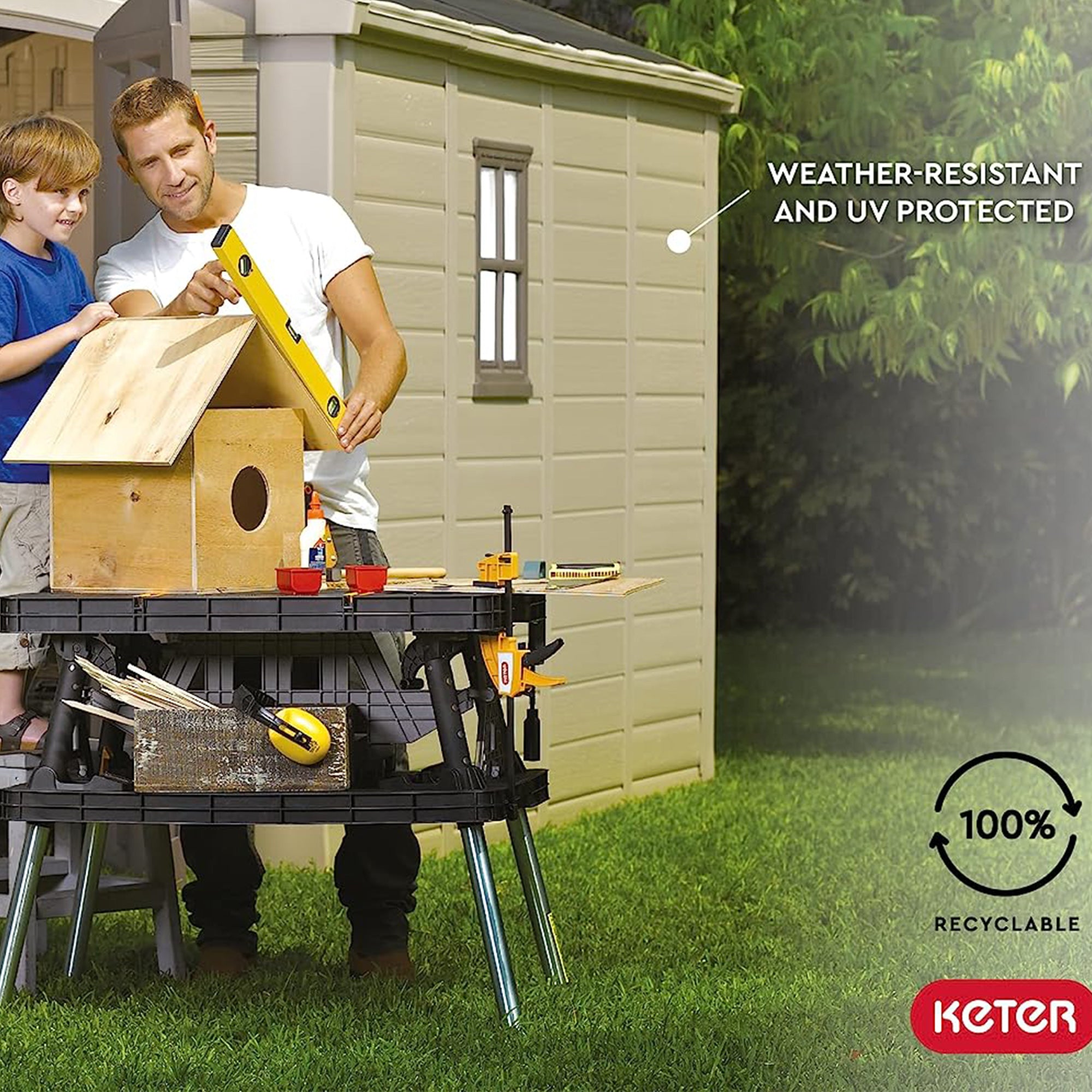 Keter 211203 Factor 8 x 11 All Weather Resistant Outdoor Storage Shed, Taupe - Smart-nests