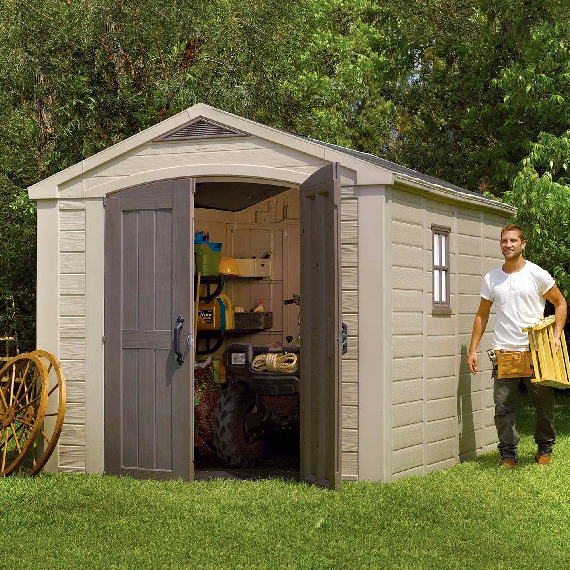 Keter 211203 Factor 8 x 11 All Weather Resistant Outdoor Storage Shed, Taupe - Smart-nests