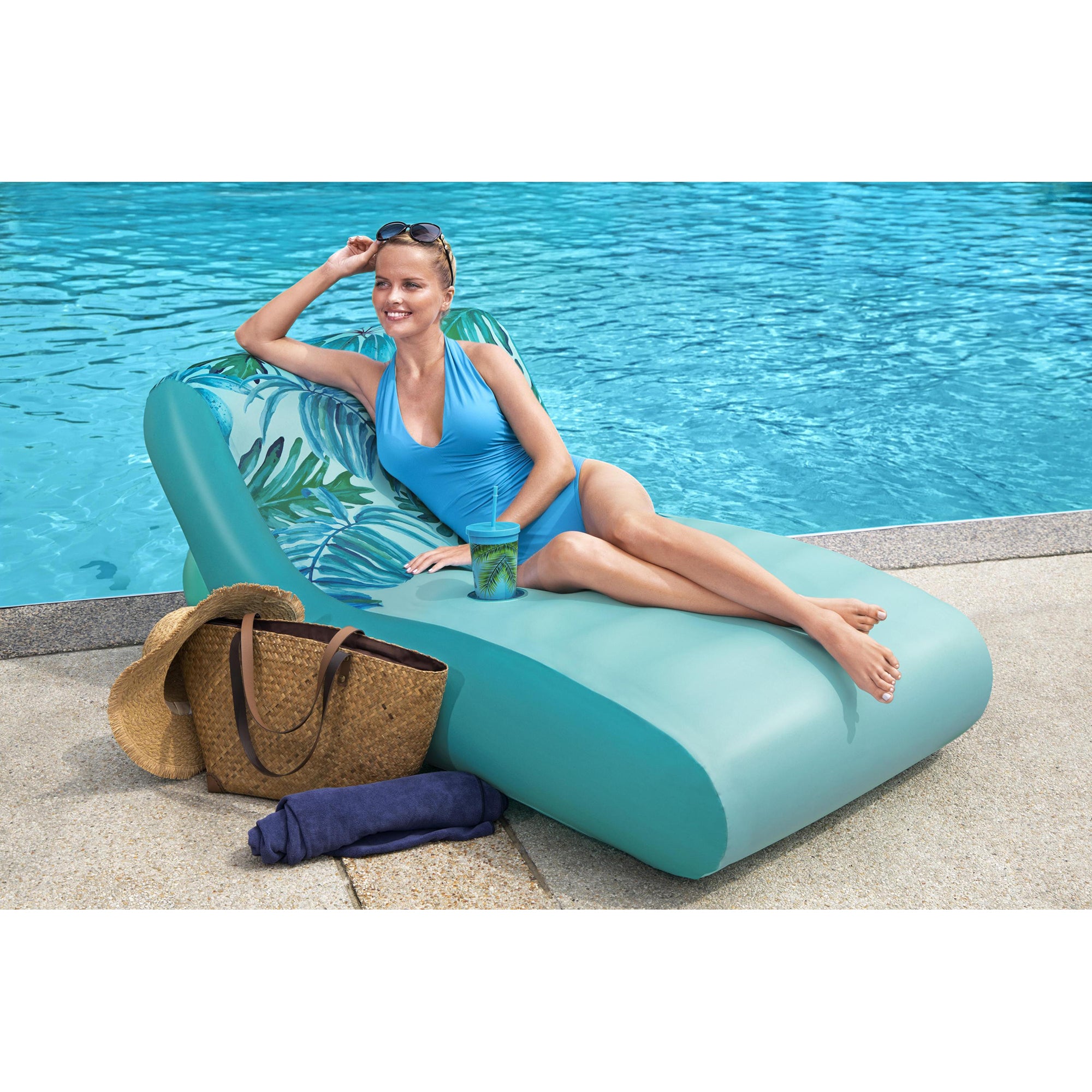 Bestway H2OGO! Luxury Fabric Covered 64" Inflatable Pool Lounger Float, Blue - Smart-nests