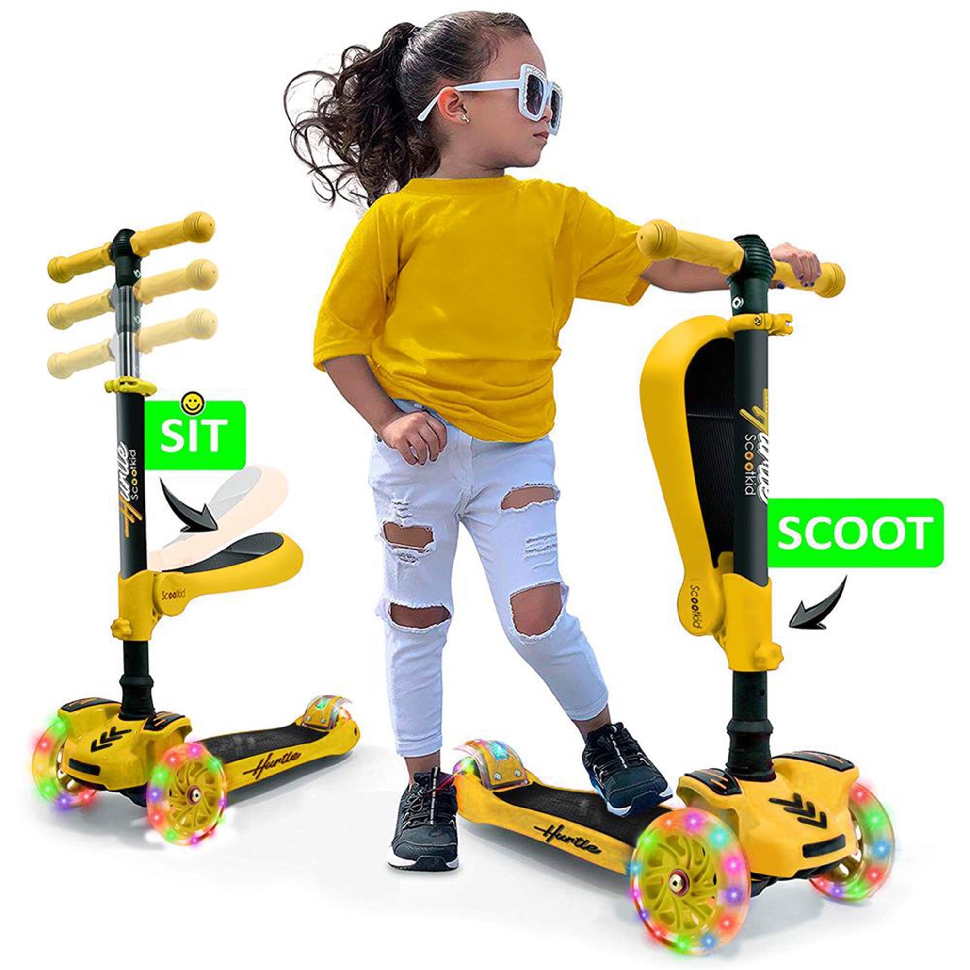 Hurtle ScootKid 3 Wheel Toddler Child Ride On Toy Scooter w/ LED Wheels, Yellow - Smart-nests