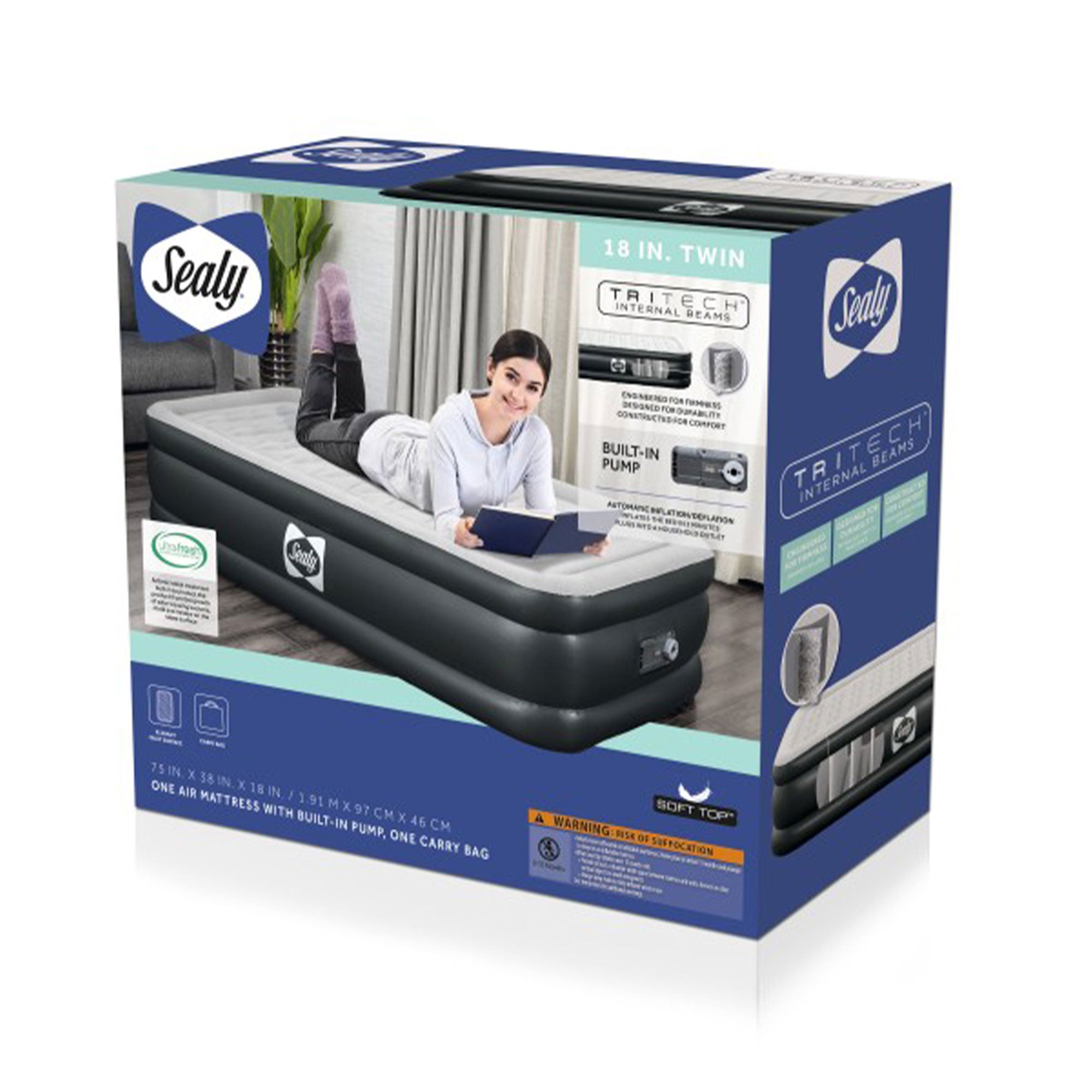 Sealy Tritech Twin Sized 18" Air Mattress Bed 2 Person w/Built-In AC Pump & Bag - Smart-nests