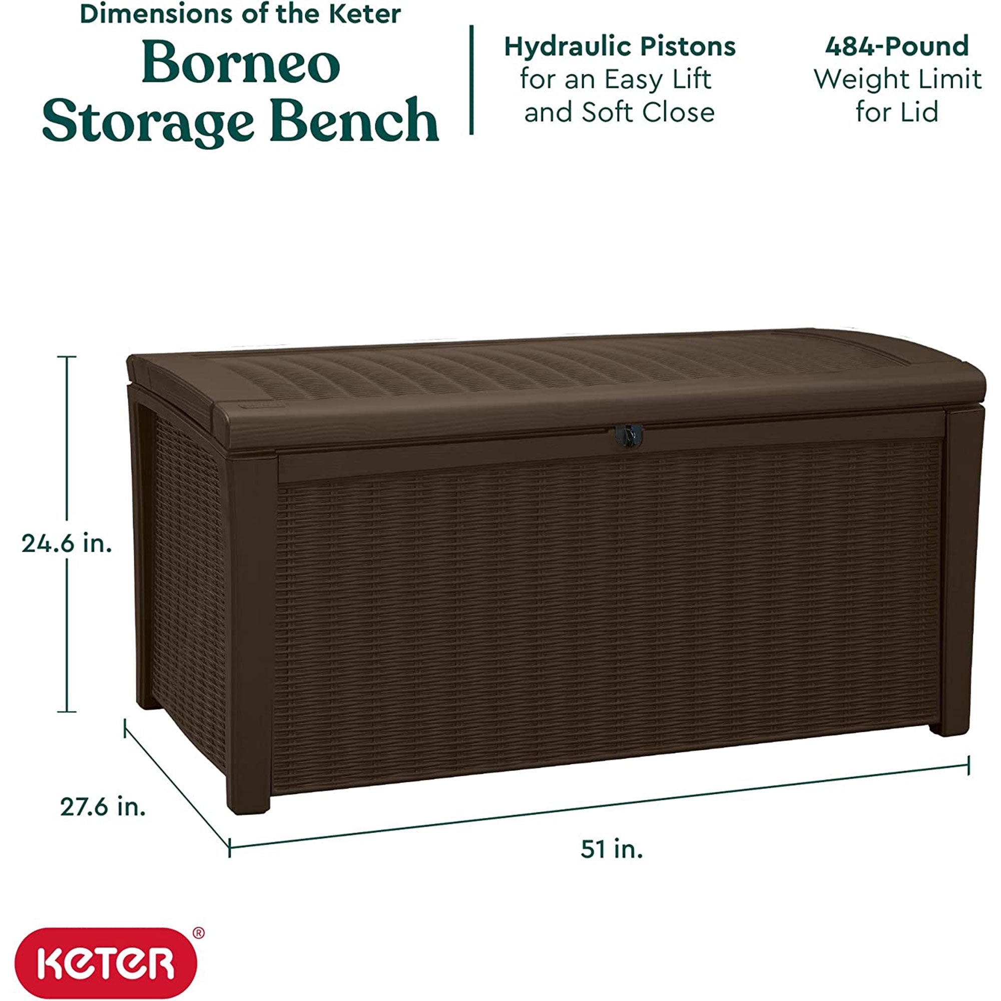 Keter Borneo 110 Gallon Rattan Wicker Resin Patio Deck Storage Box Bench, Brown - Smart-nests