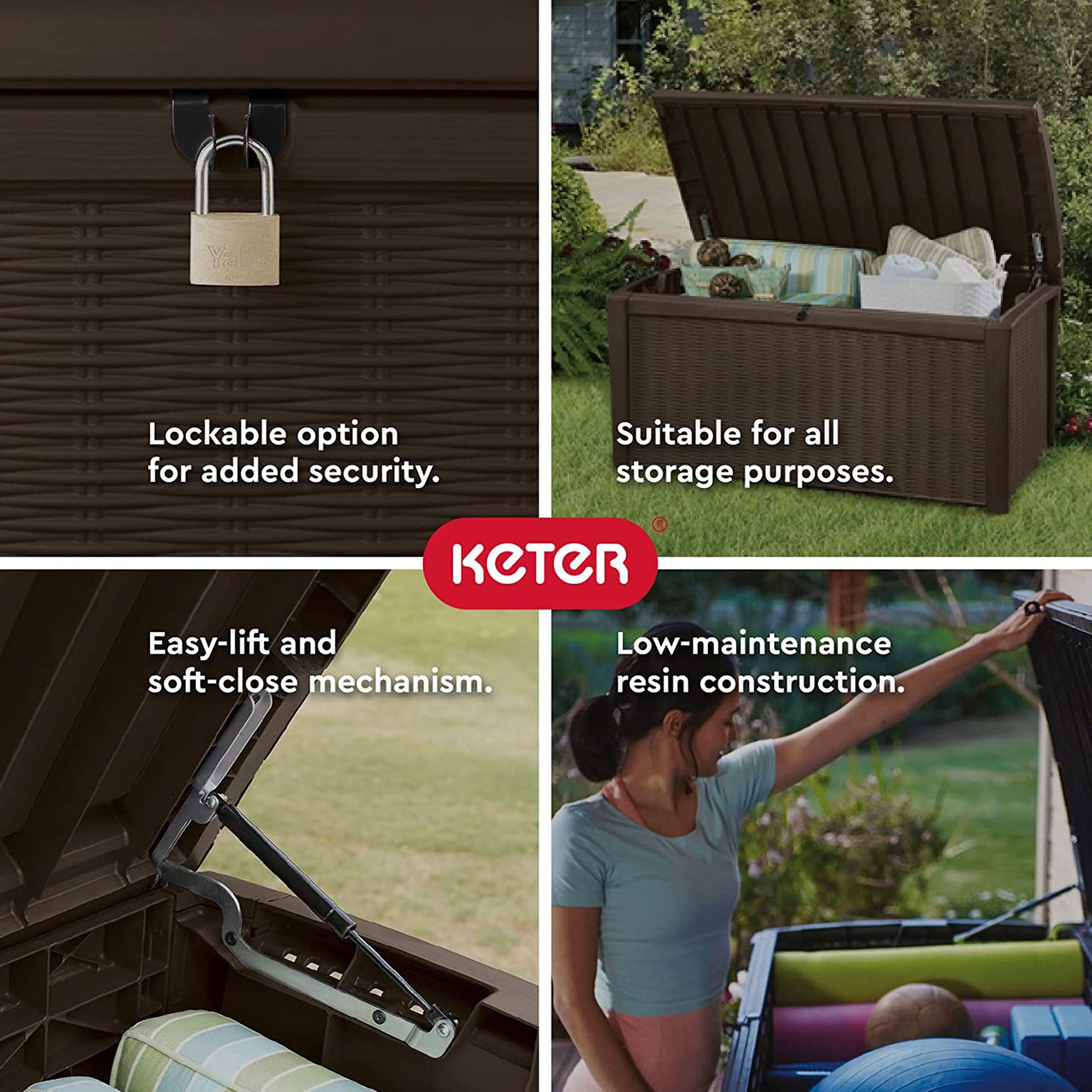 Keter Borneo 110 Gallon Rattan Wicker Resin Patio Deck Storage Box Bench, Brown - Smart-nests