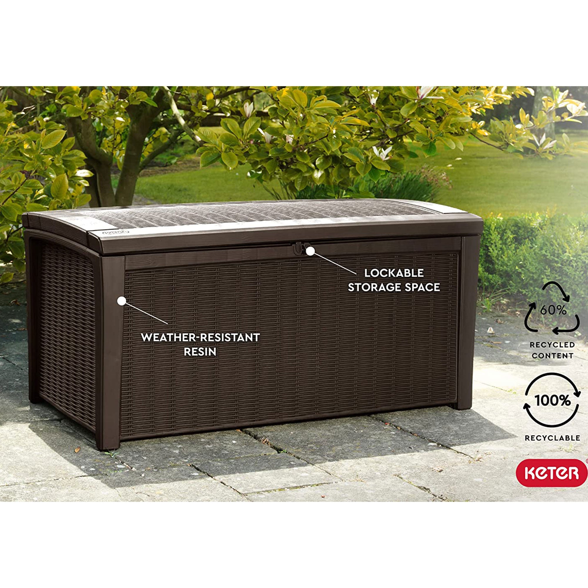 Keter Borneo 110 Gallon Rattan Wicker Resin Patio Deck Storage Box Bench, Brown - Smart-nests