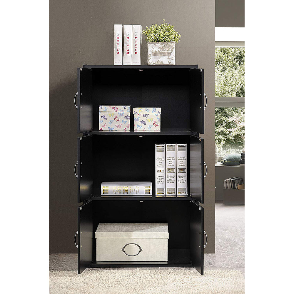 Hodedah HID33 Home 6-Door 3-Shelves Bookcase Enclosed Storage Cabinet, Black - Smart-nests