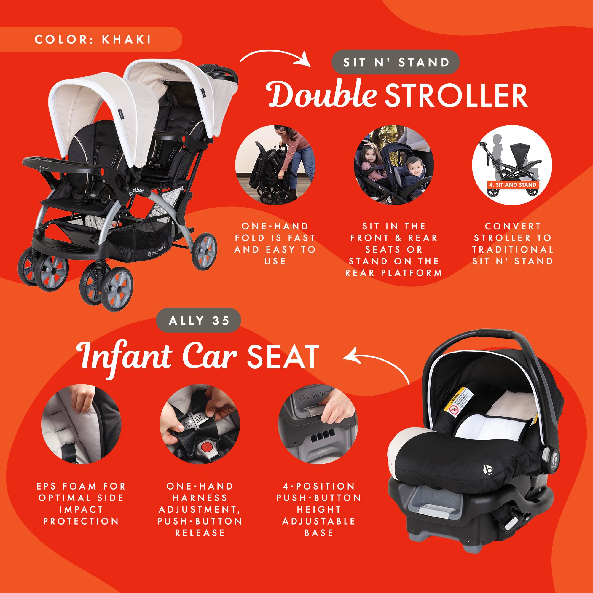 Baby Trend Sit N Stand Travel Double Baby Stroller and Car Seat Combo, Khaki - Smart-nests