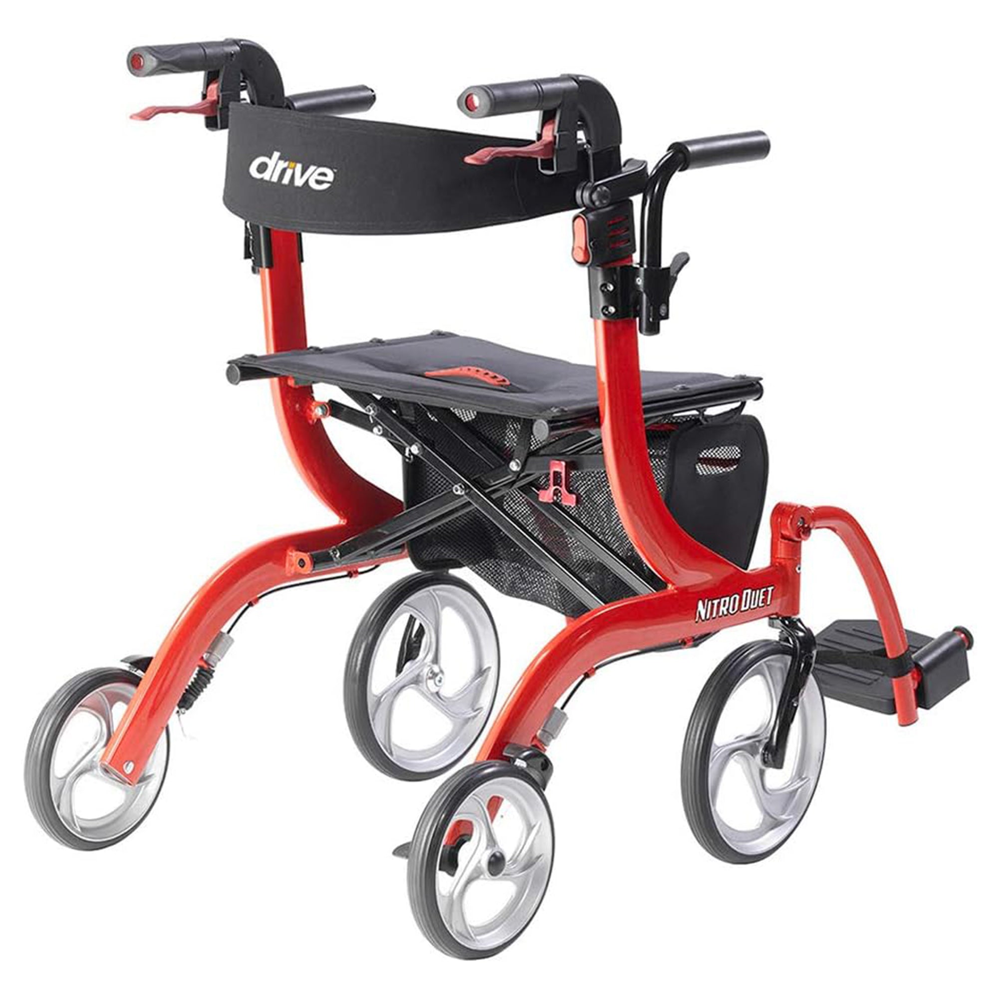 Drive Medical Nitro Duet Rollator Walker and Transport Wheelchair Chair, Red - Smart-nests