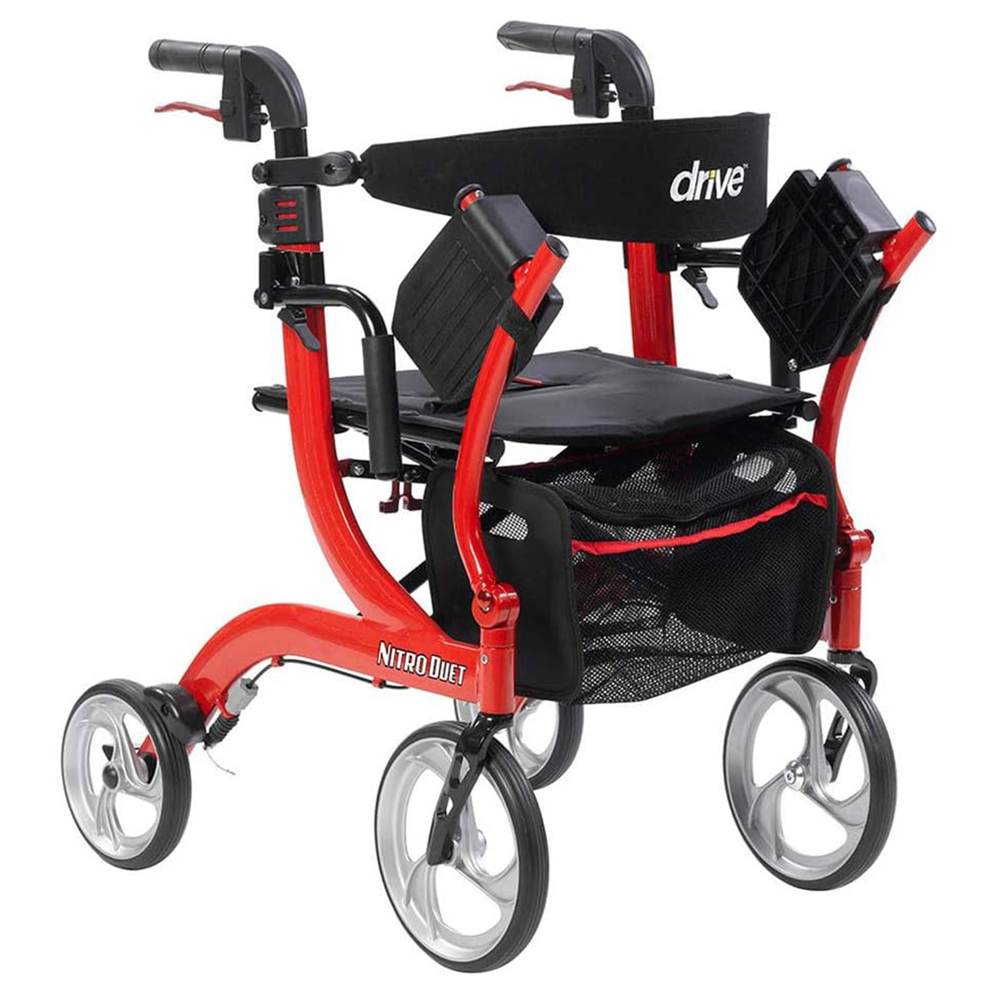 Drive Medical Nitro Duet Rollator Walker and Transport Wheelchair Chair, Red - Smart-nests