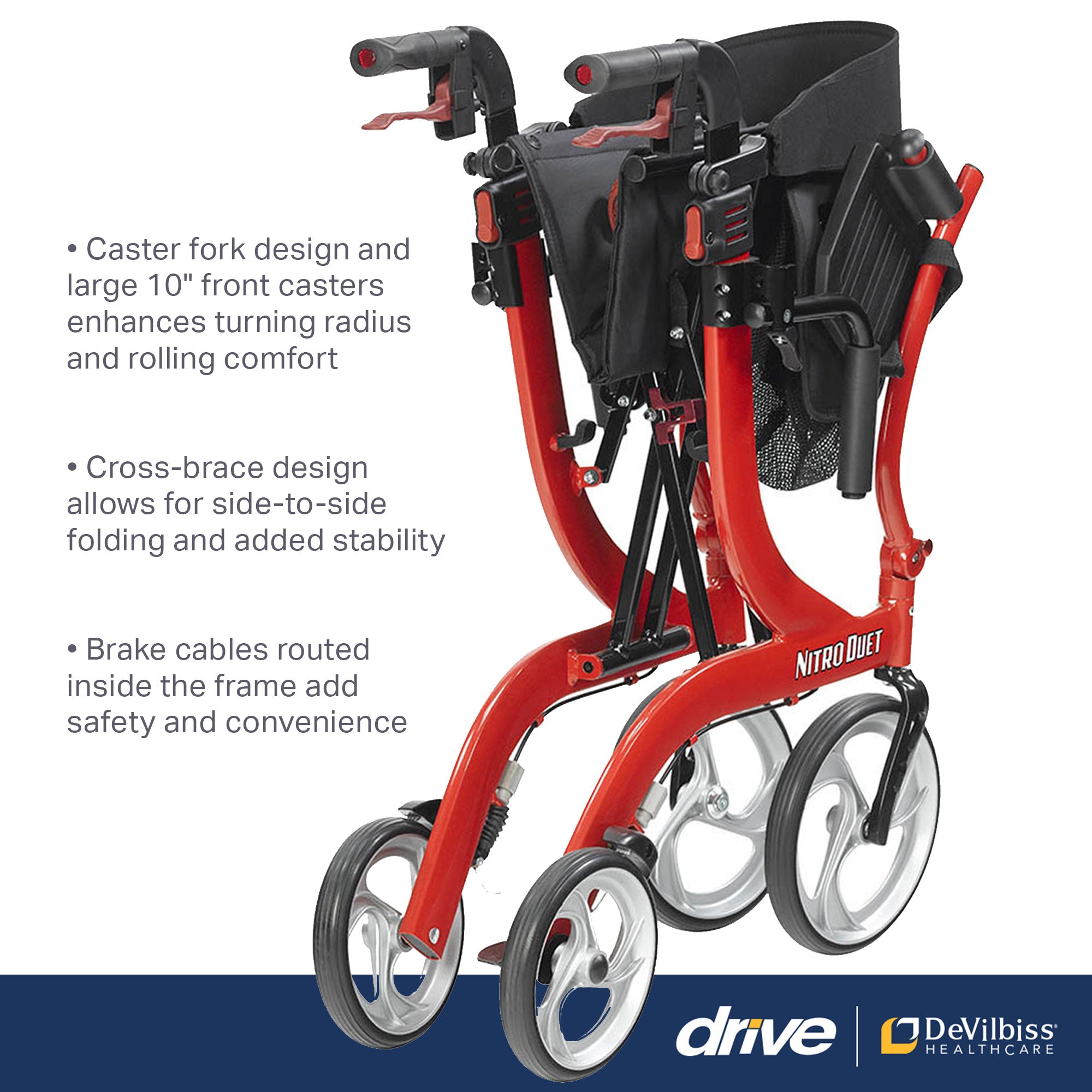 Drive Medical Nitro Duet Rollator Walker and Transport Wheelchair Chair, Red - Smart-nests