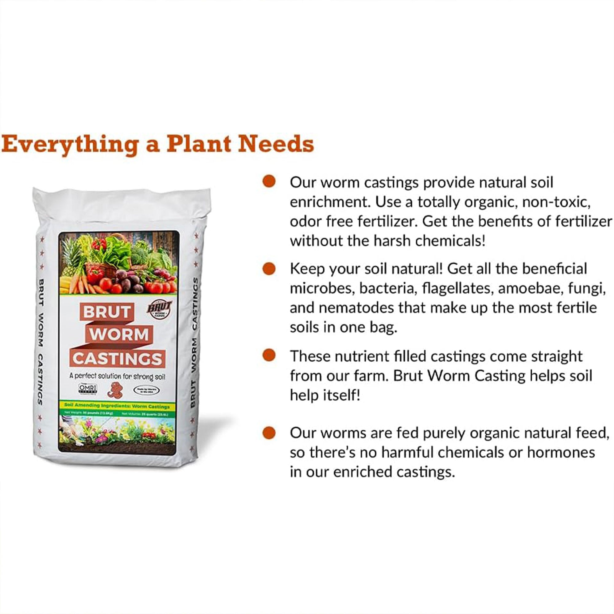 Brut All Natural Organic Worm Castings Soil Builder, 30 Pound Bag