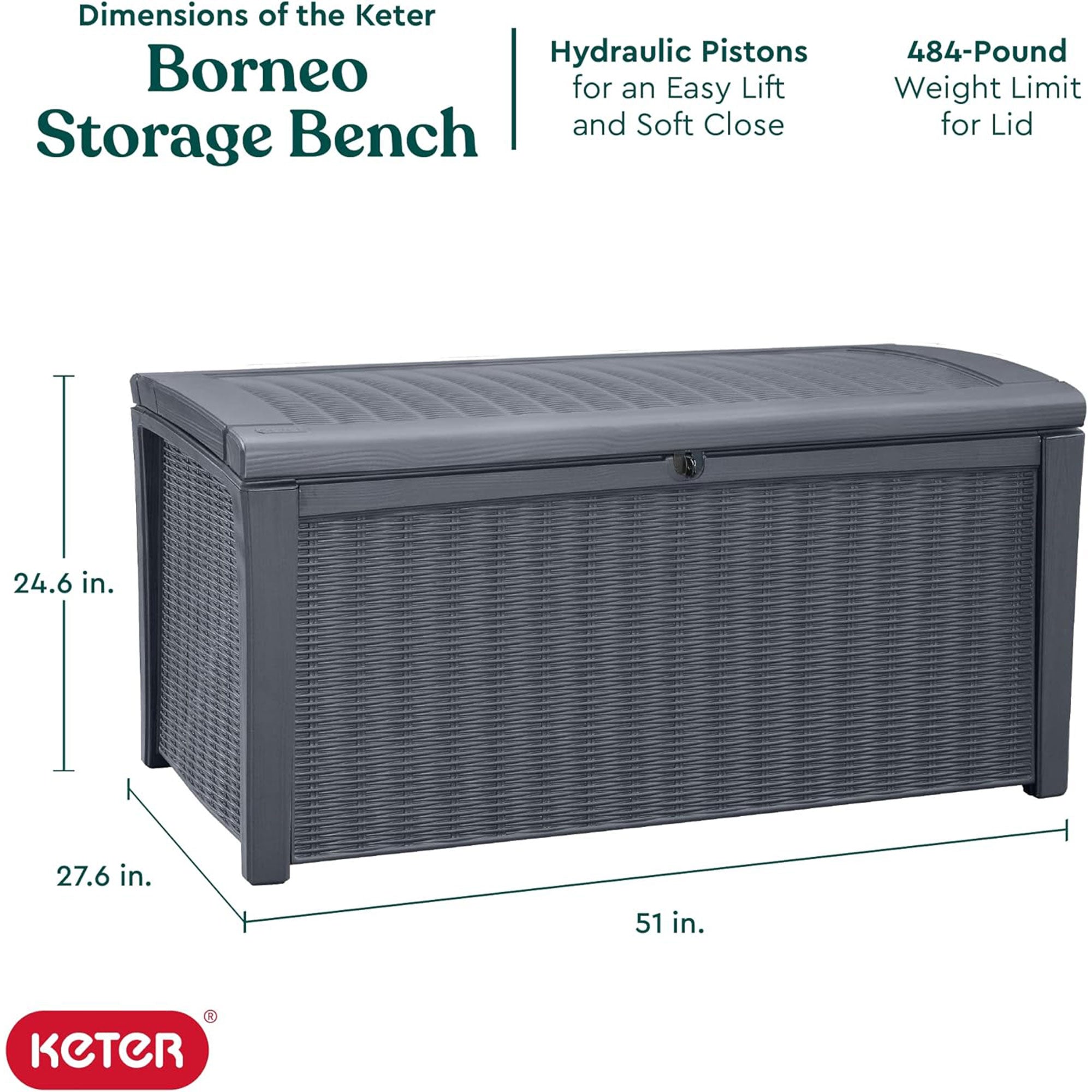 Keter Borneo 110 Gallon Rattan Wicker Resin Patio Deck Storage Box Bench, Grey - Smart-nests
