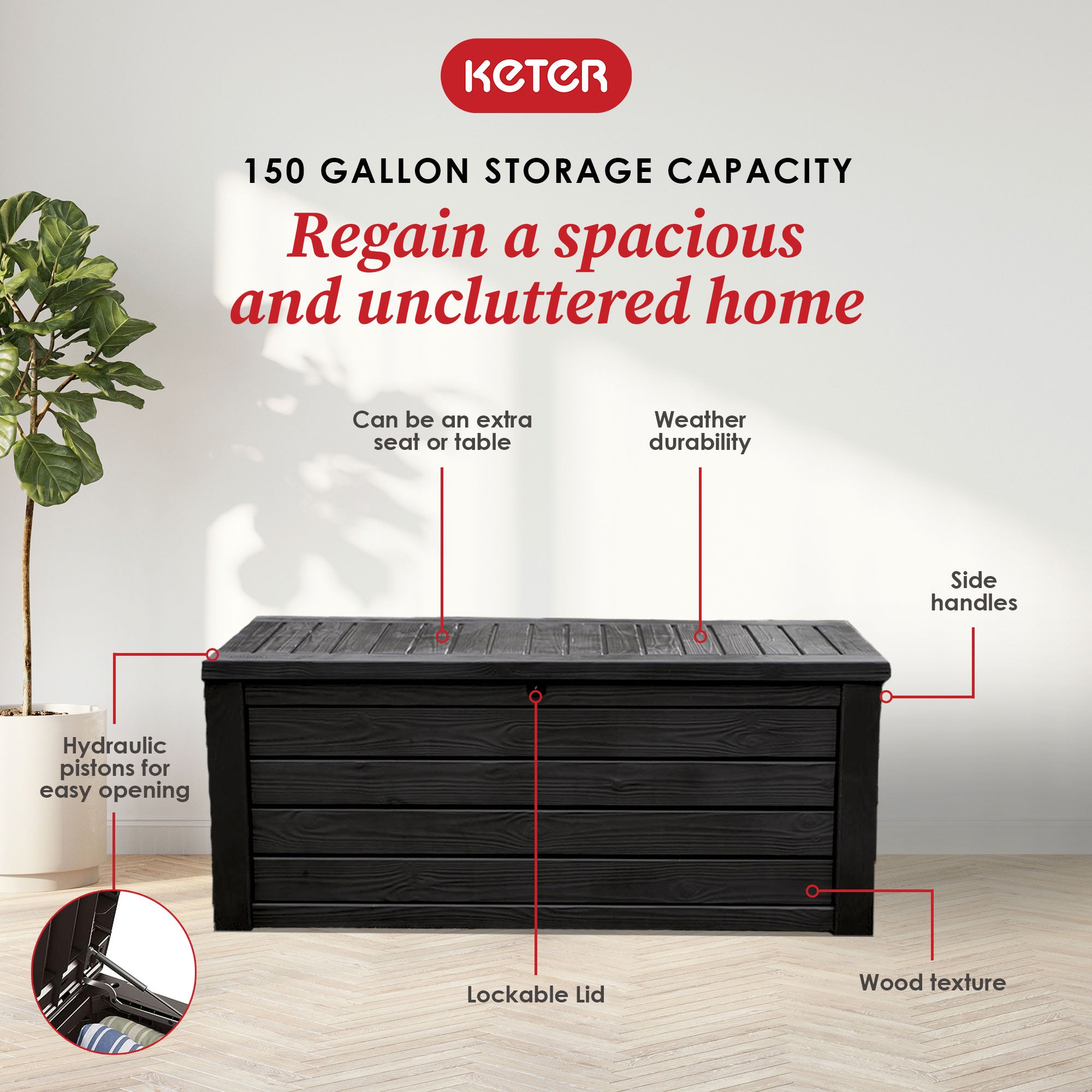 Keter Westwood 150 Gallon Plastic Outdoor Furniture Storage Deck Box, Dark Gray - Smart-nests
