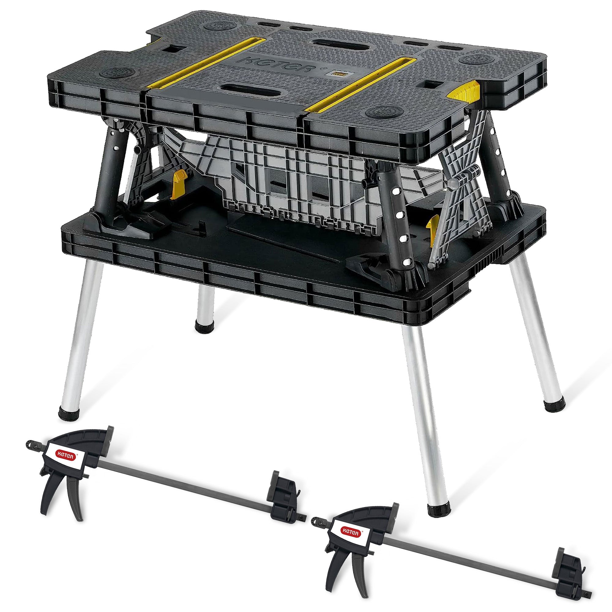Keter Portable Folding Table Tool Storage Stand Workbench Sawhorse w/ 12" Clamps - Smart-nests