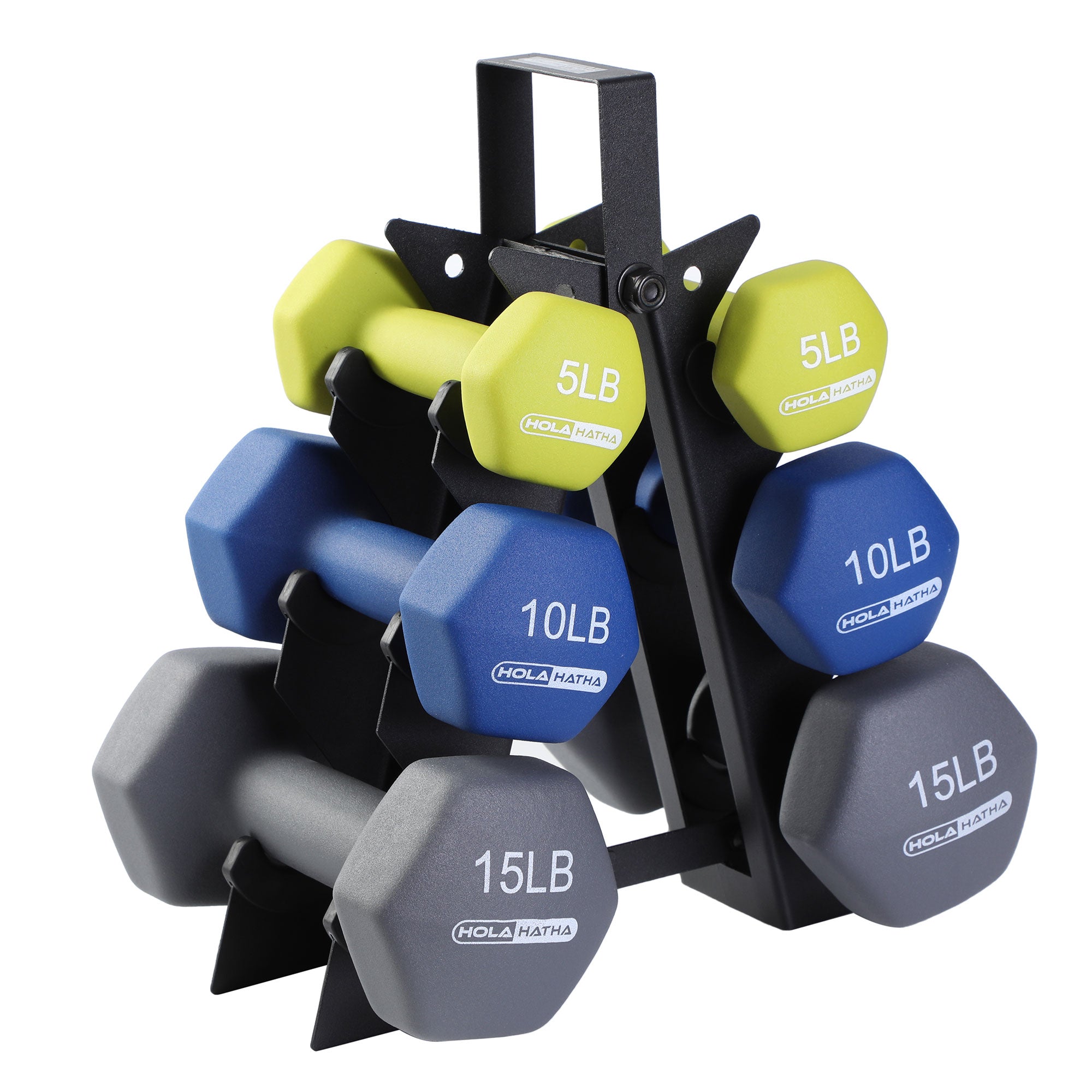 HolaHatha 5, 10, and 15 Pound Neoprene Dumbbell Free Hand Weight Set with Rack - Smart-nests