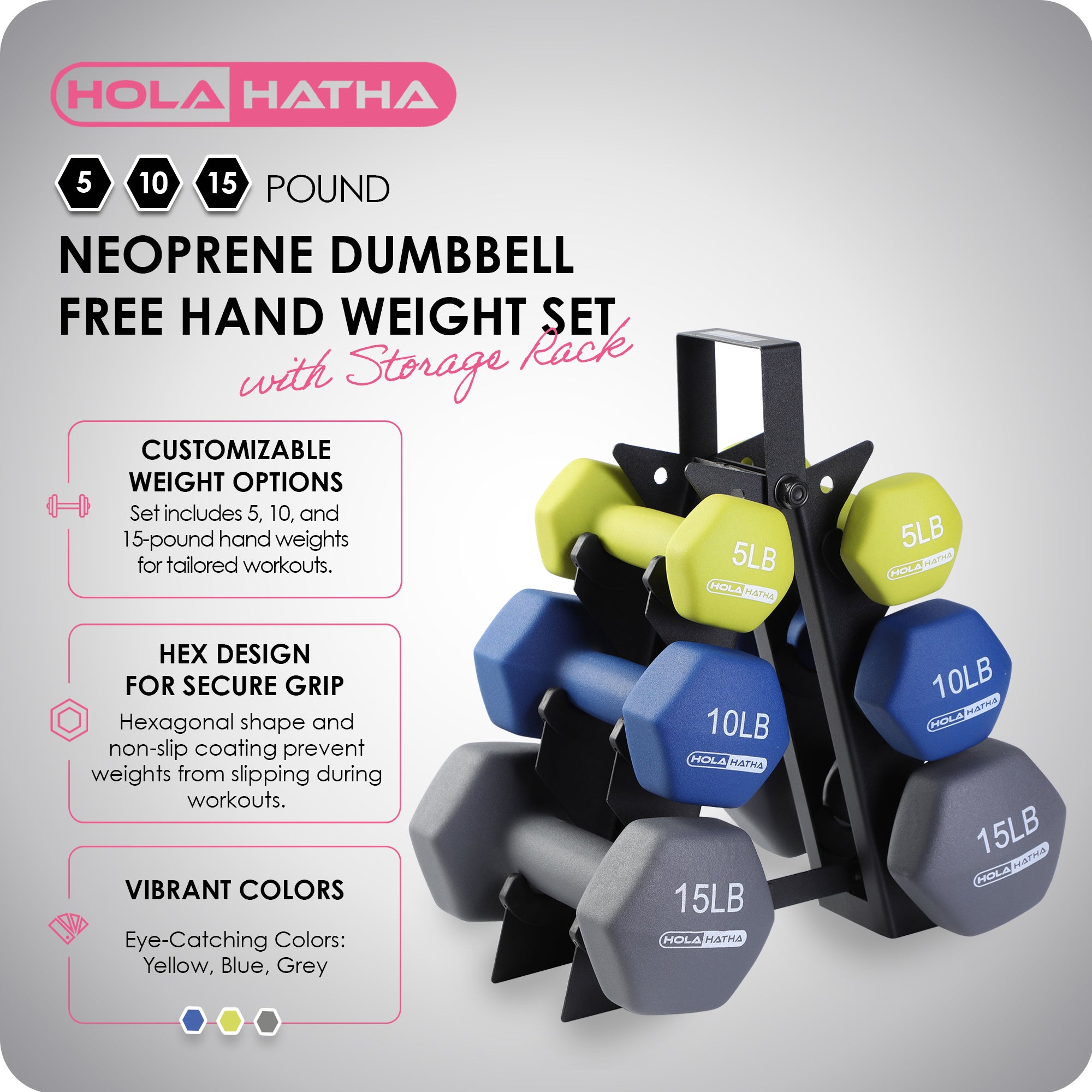 HolaHatha 5, 10, and 15 Pound Neoprene Dumbbell Free Hand Weight Set with Rack - Smart-nests