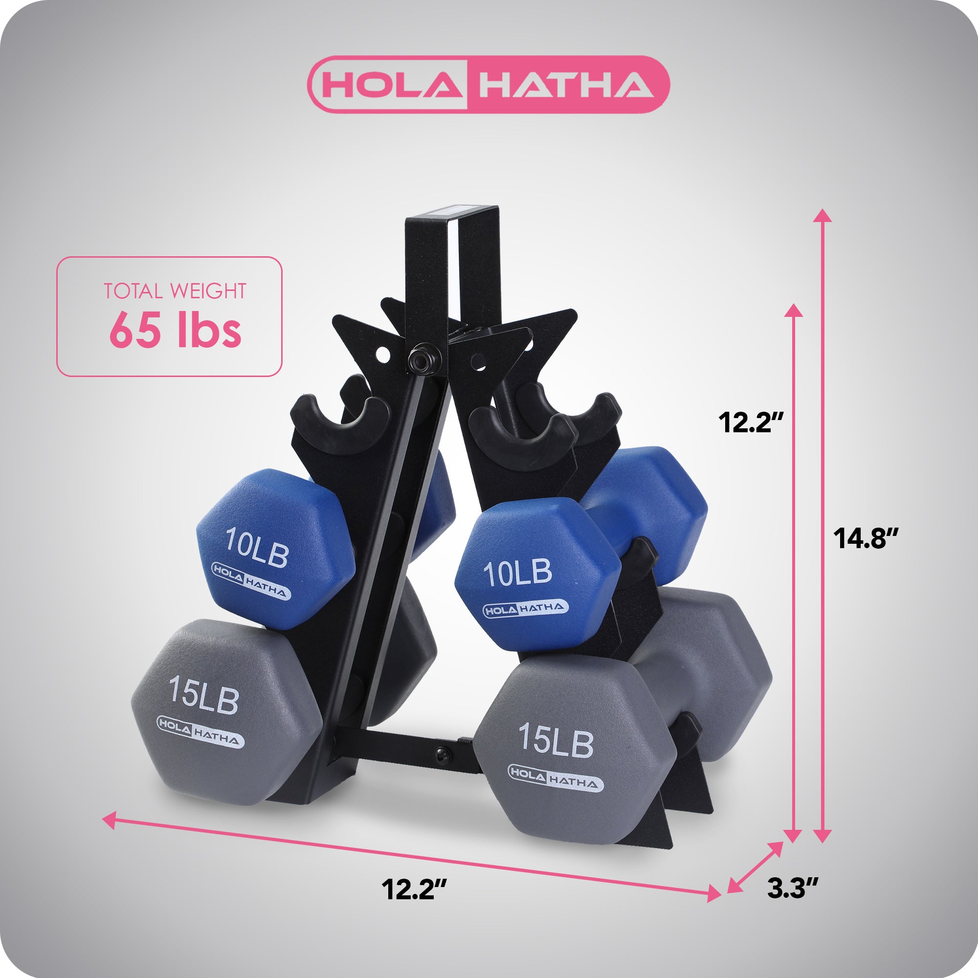 HolaHatha 5, 10, and 15 Pound Neoprene Dumbbell Free Hand Weight Set with Rack - Smart-nests