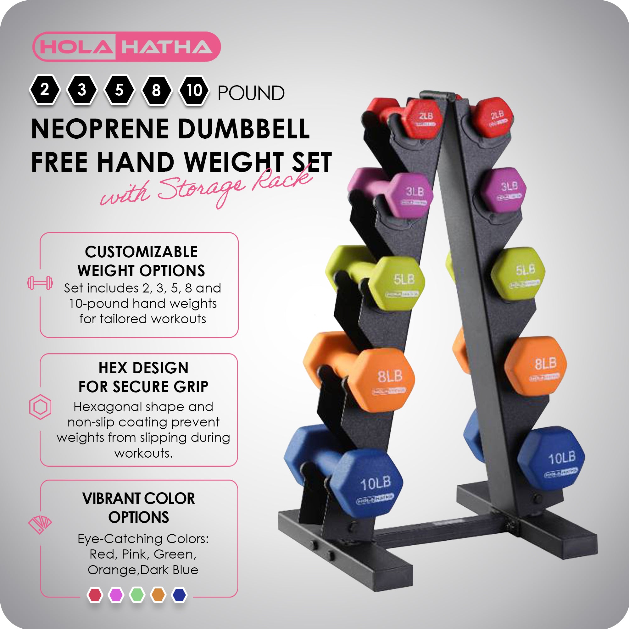 HolaHatha Neoprene Dumbbell Free Hand Weight Set with Storage Rack, Multicolor - Smart-nests