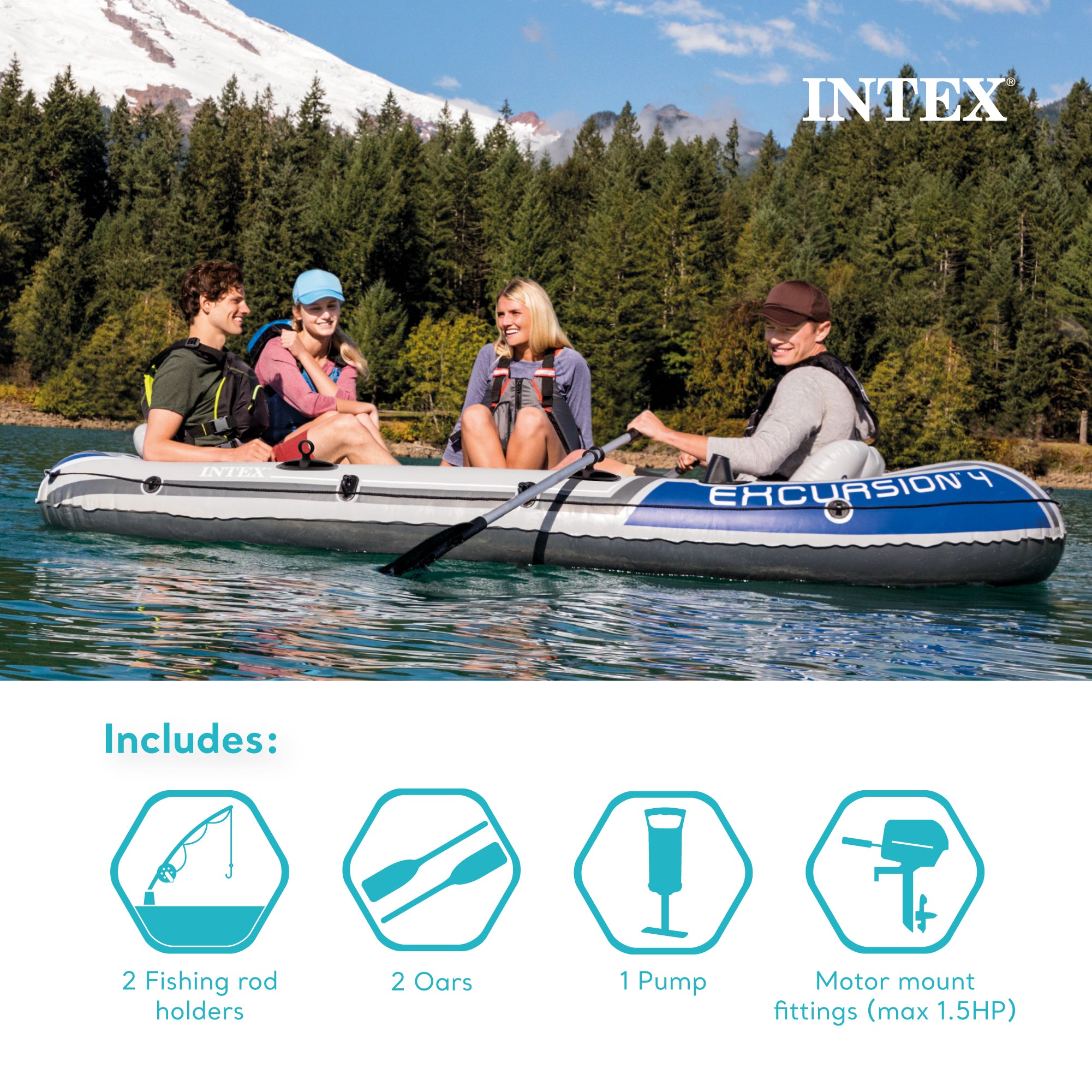 Intex Excursion 4 Person Inflatable Rafting and Fishing Boat Set with 2 Oars - Smart-nests