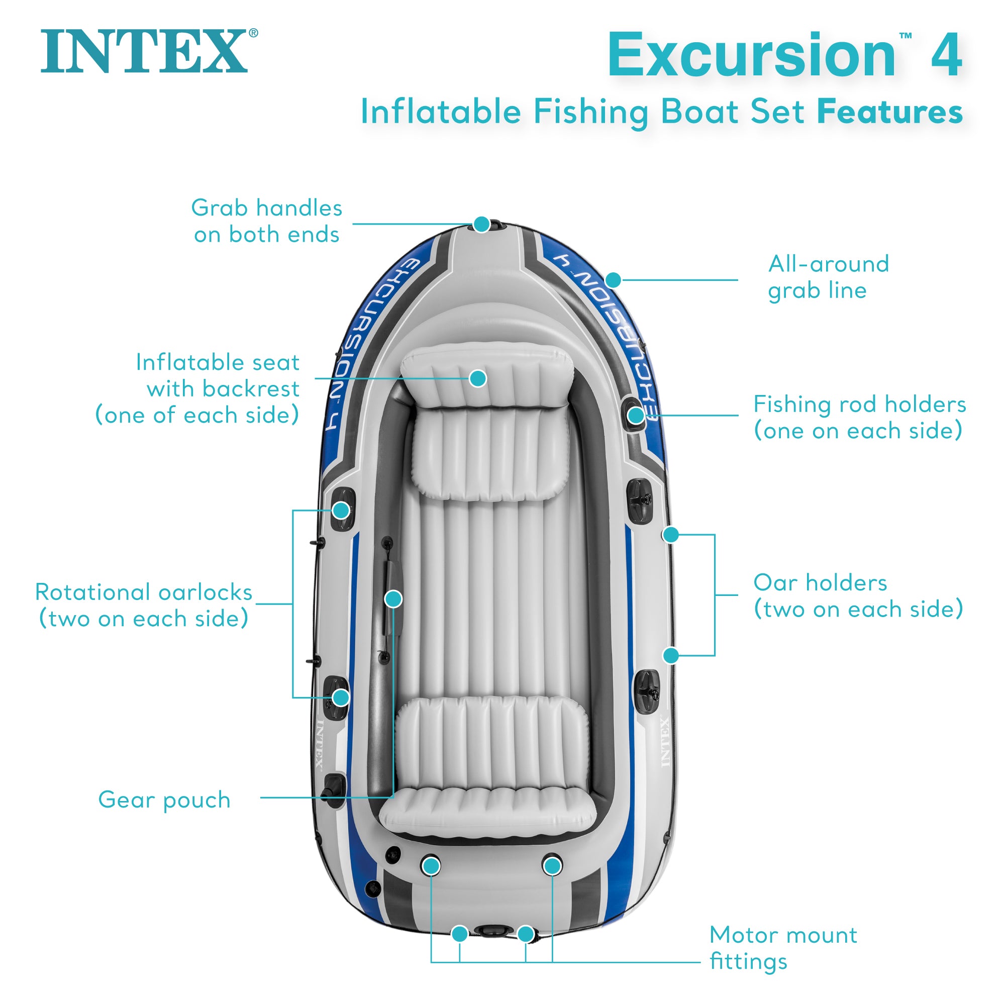 Intex Excursion 4 Person Inflatable Rafting and Fishing Boat Set with 2 Oars - Smart-nests