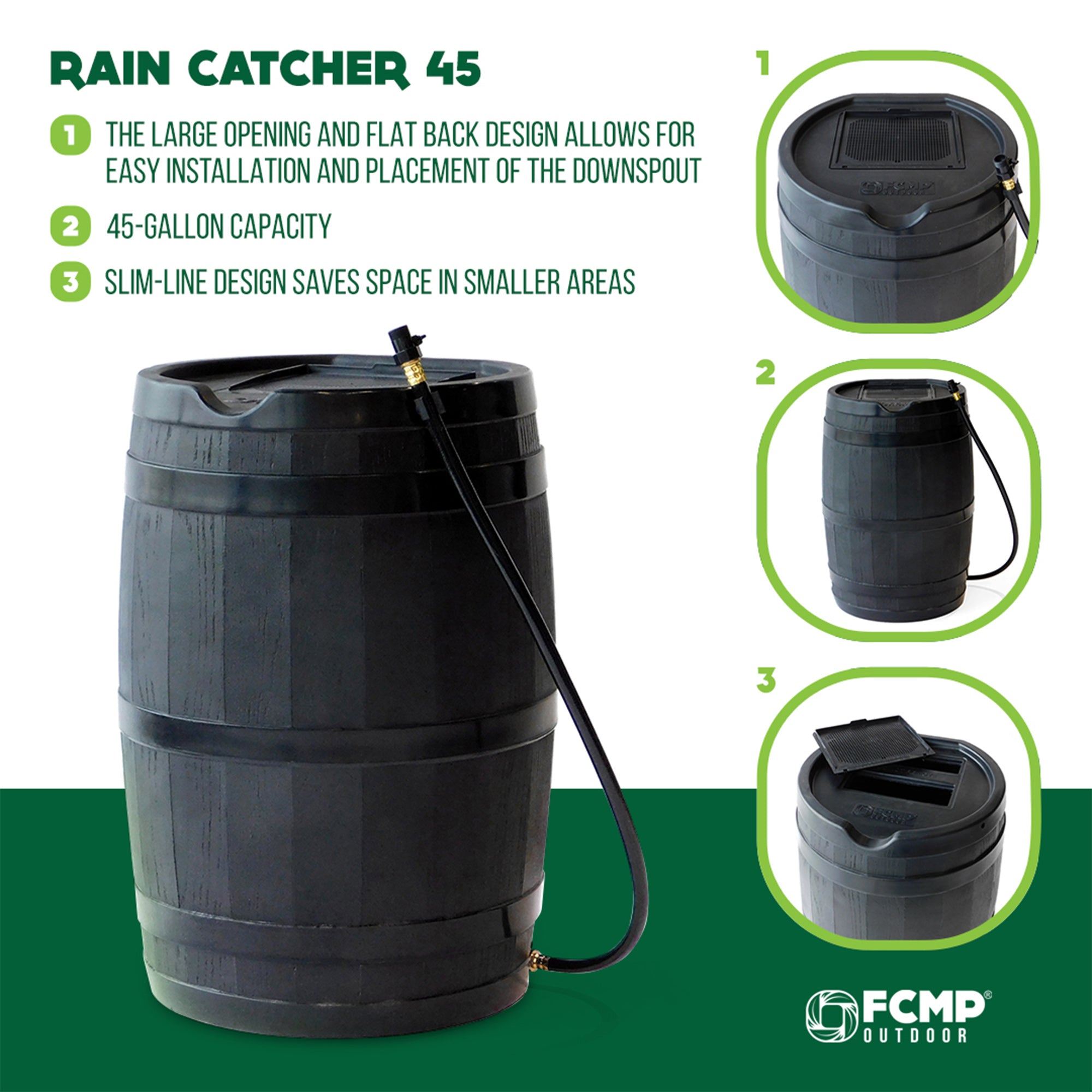 FCMP Outdoor RC45 45 Gallon Outdoor Rain Water Catcher Barrel Container, Black - Smart-nests