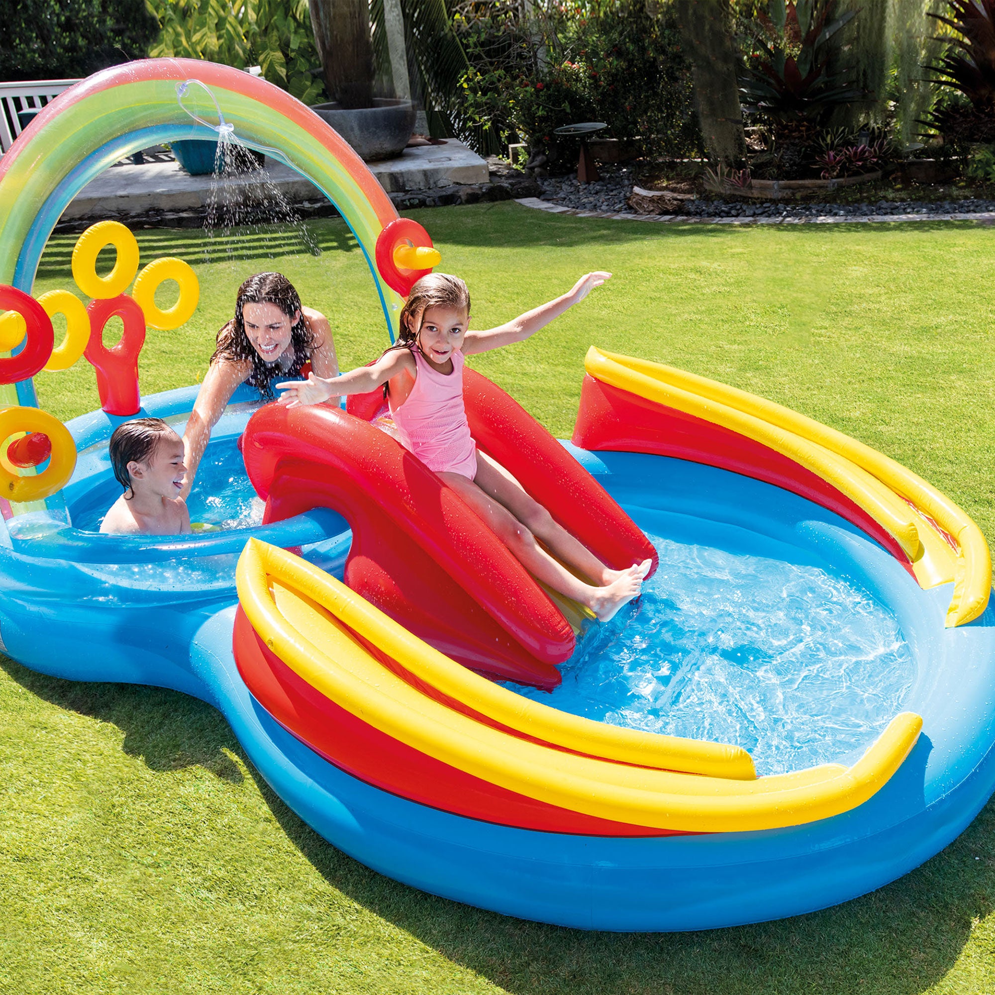 Intex 9.75 x 6.3 Foot Rainbow Slide Inflatable Pool and Water Slide Ring Center - Smart-nests