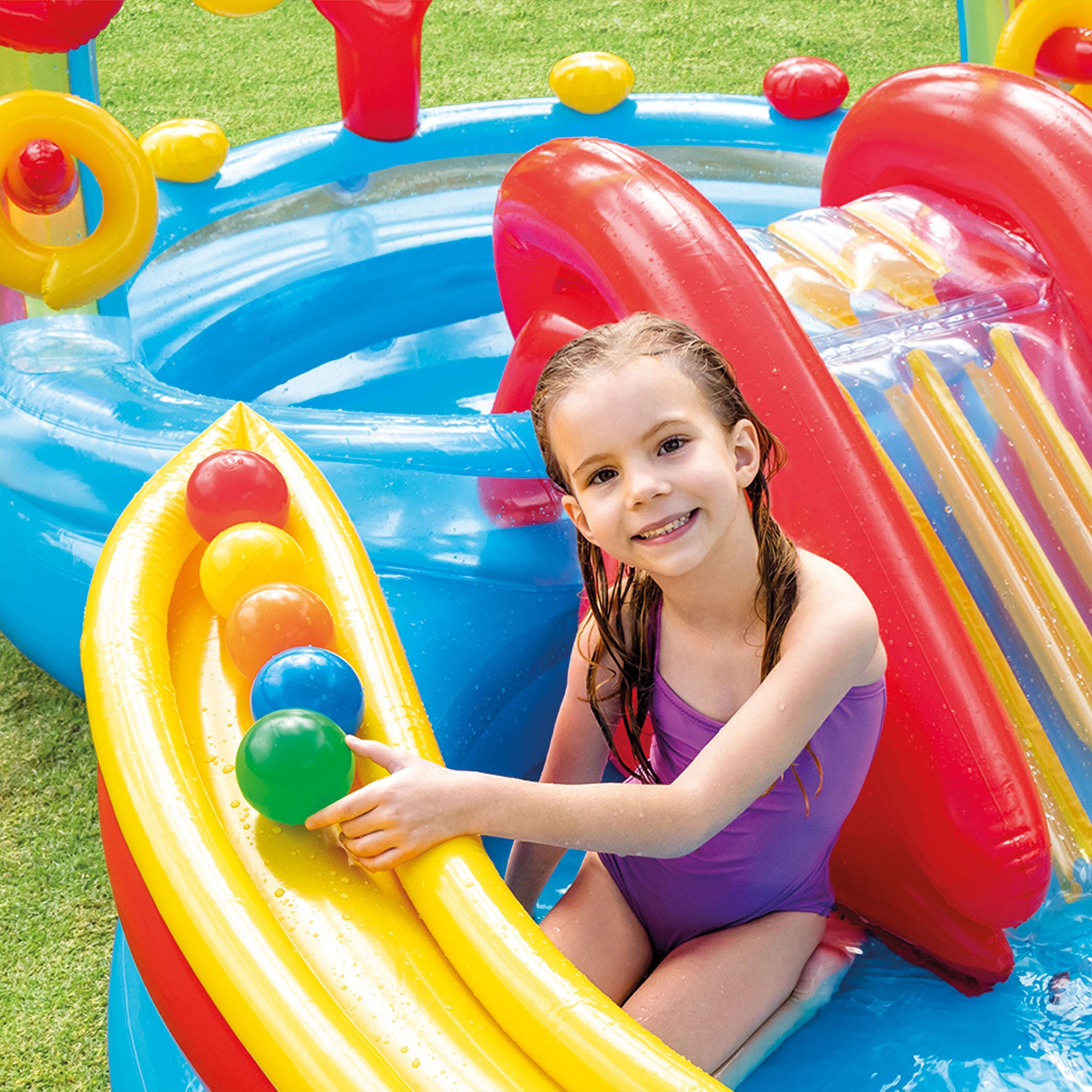 Intex 9.75 x 6.3 Foot Rainbow Slide Inflatable Pool and Water Slide Ring Center - Smart-nests