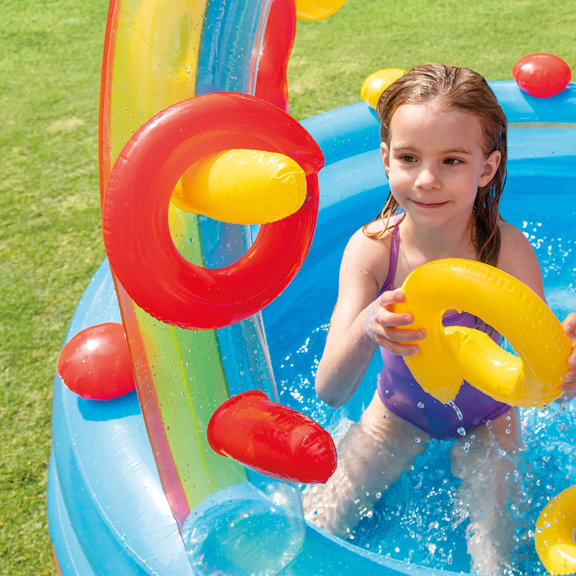 Intex 9.75 x 6.3 Foot Rainbow Slide Inflatable Pool and Water Slide Ring Center - Smart-nests