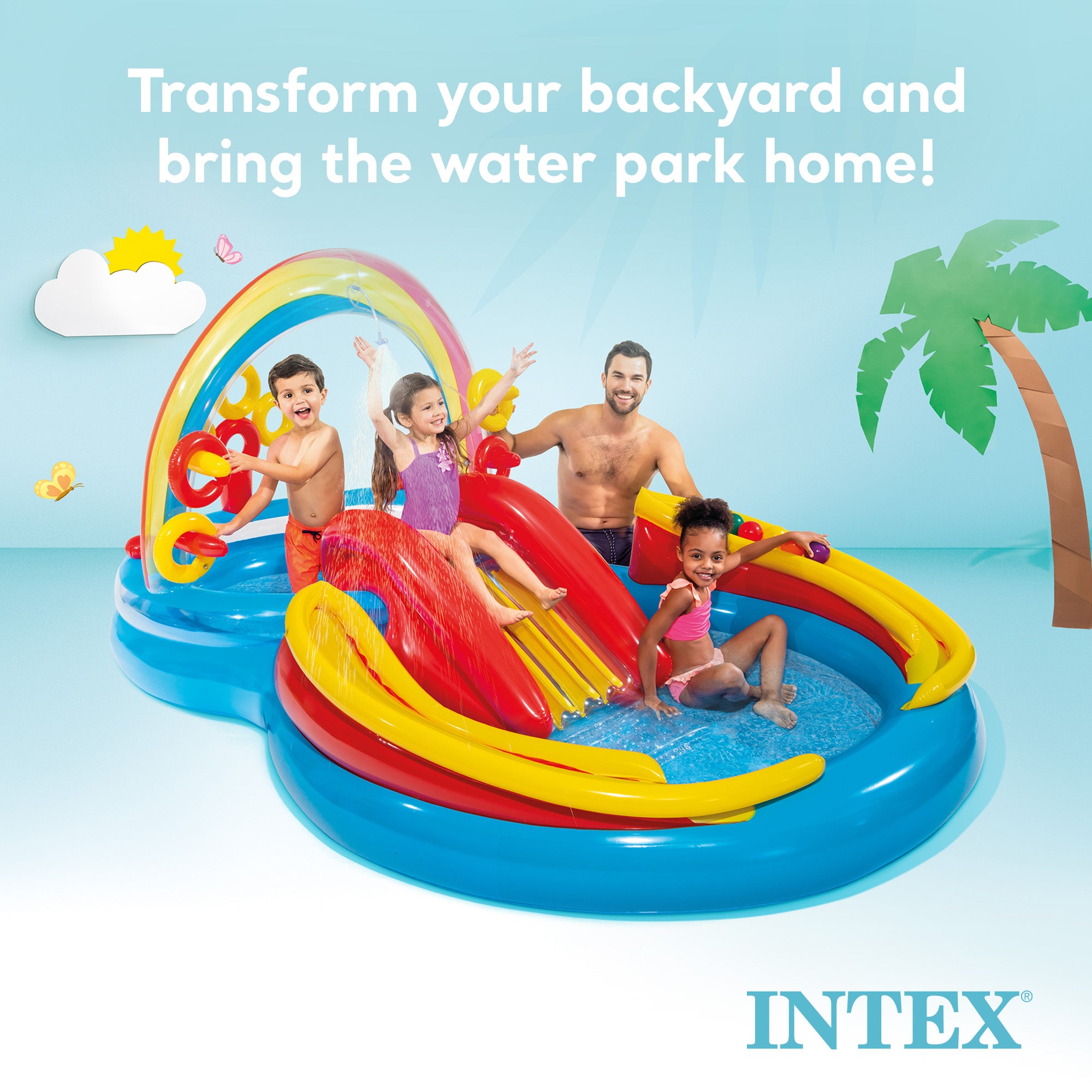 Intex 9.75 x 6.3 Foot Rainbow Slide Inflatable Pool and Water Slide Ring Center - Smart-nests