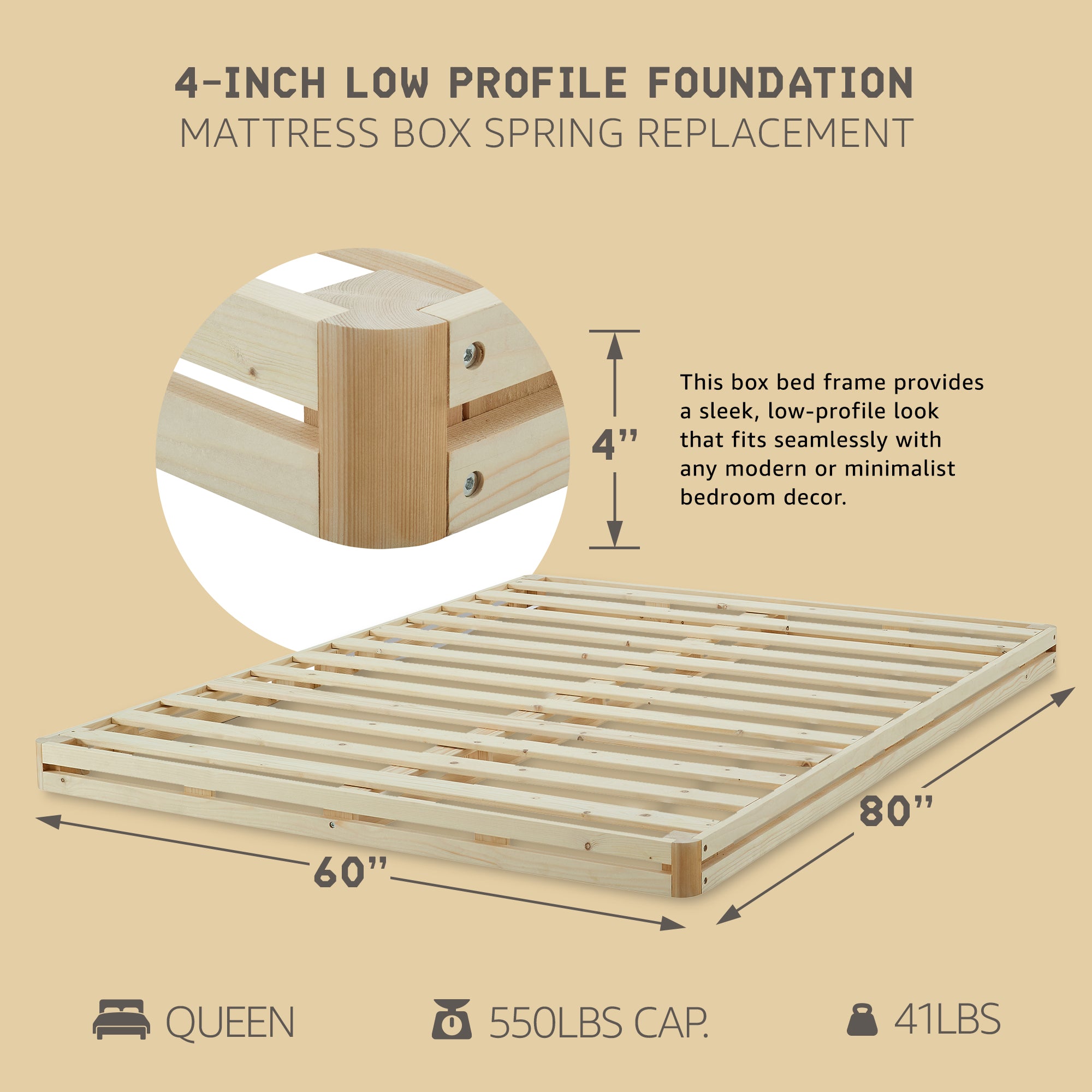 Hercules 4 Inch Low Profile Foundation Mattress Box Spring Replacement, Queen - Smart-nests