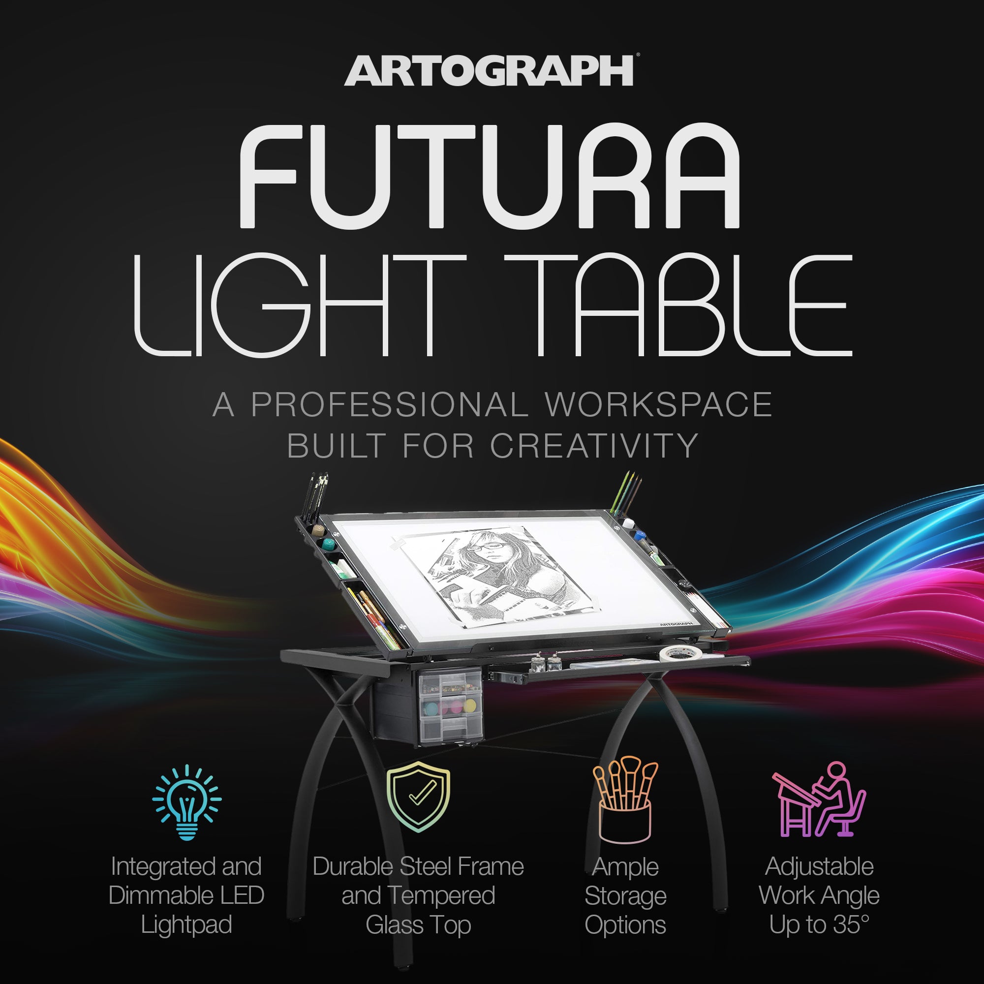 Artograph Futura Light Table for Artists with Storage & Dimmable Glass Work Top