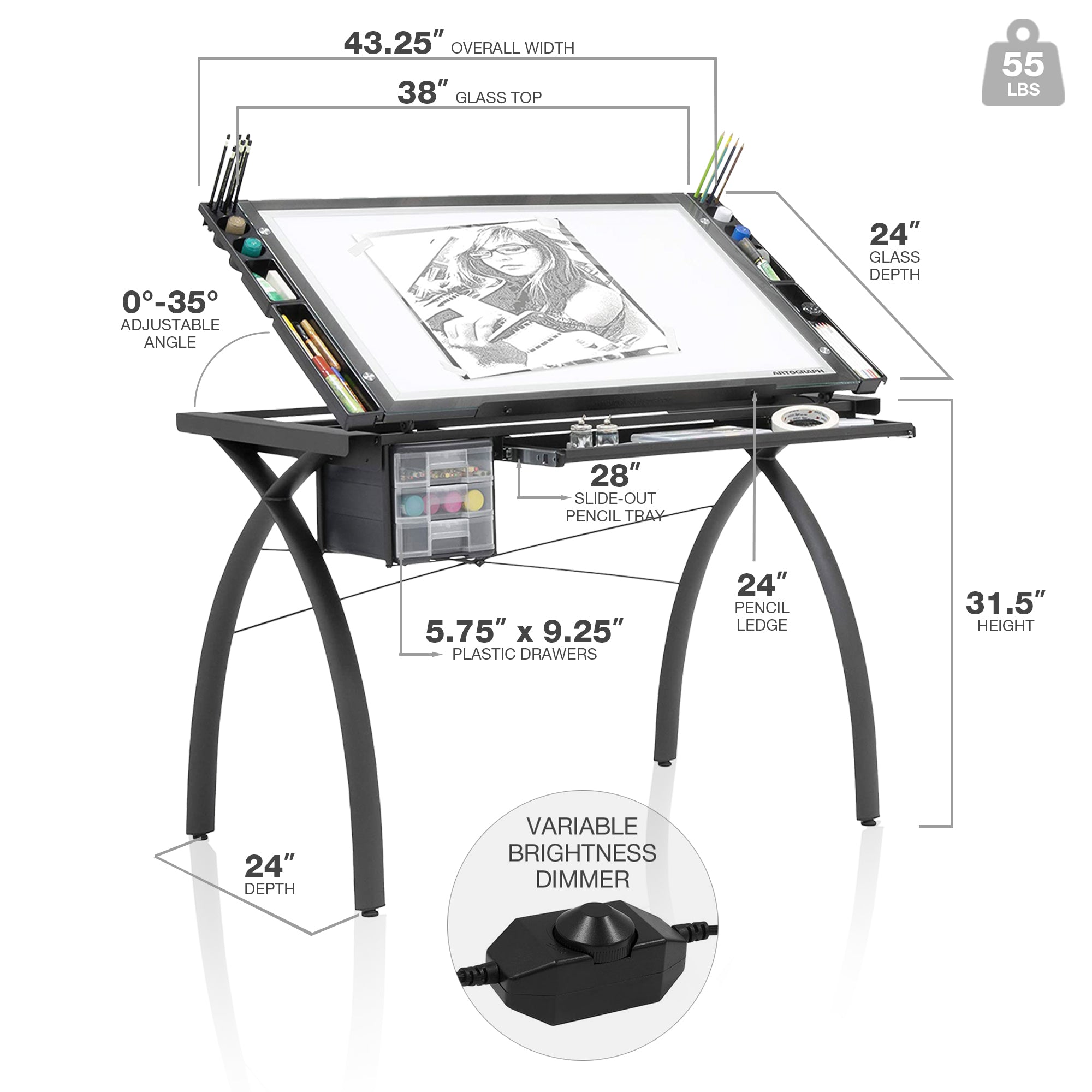 Artograph Futura Light Table for Artists with Storage & Dimmable Glass Work Top