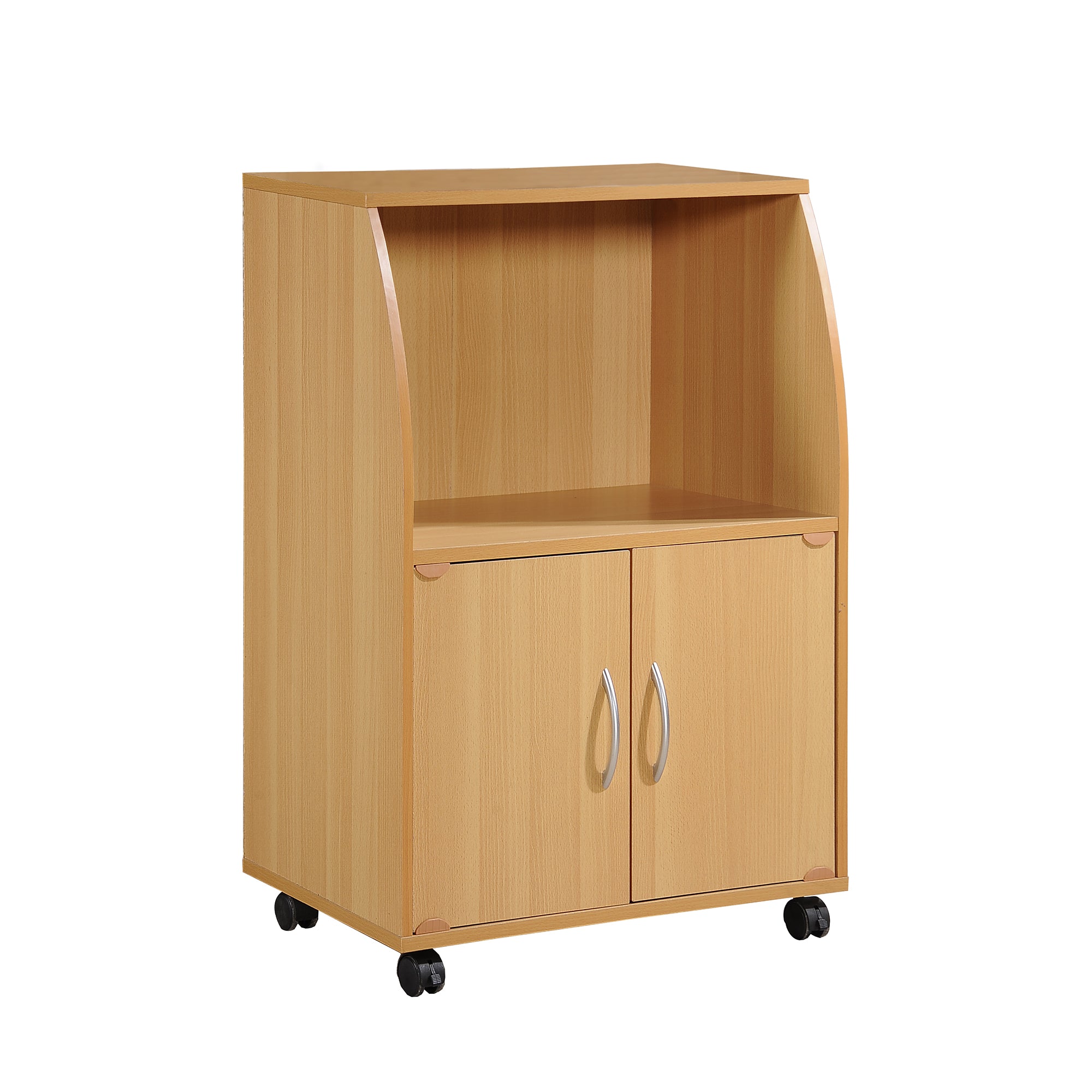 Hodedah Wooden Mini Wheeled Microwave Island Cart with Cabinet Storage, Beech - Smart-nests