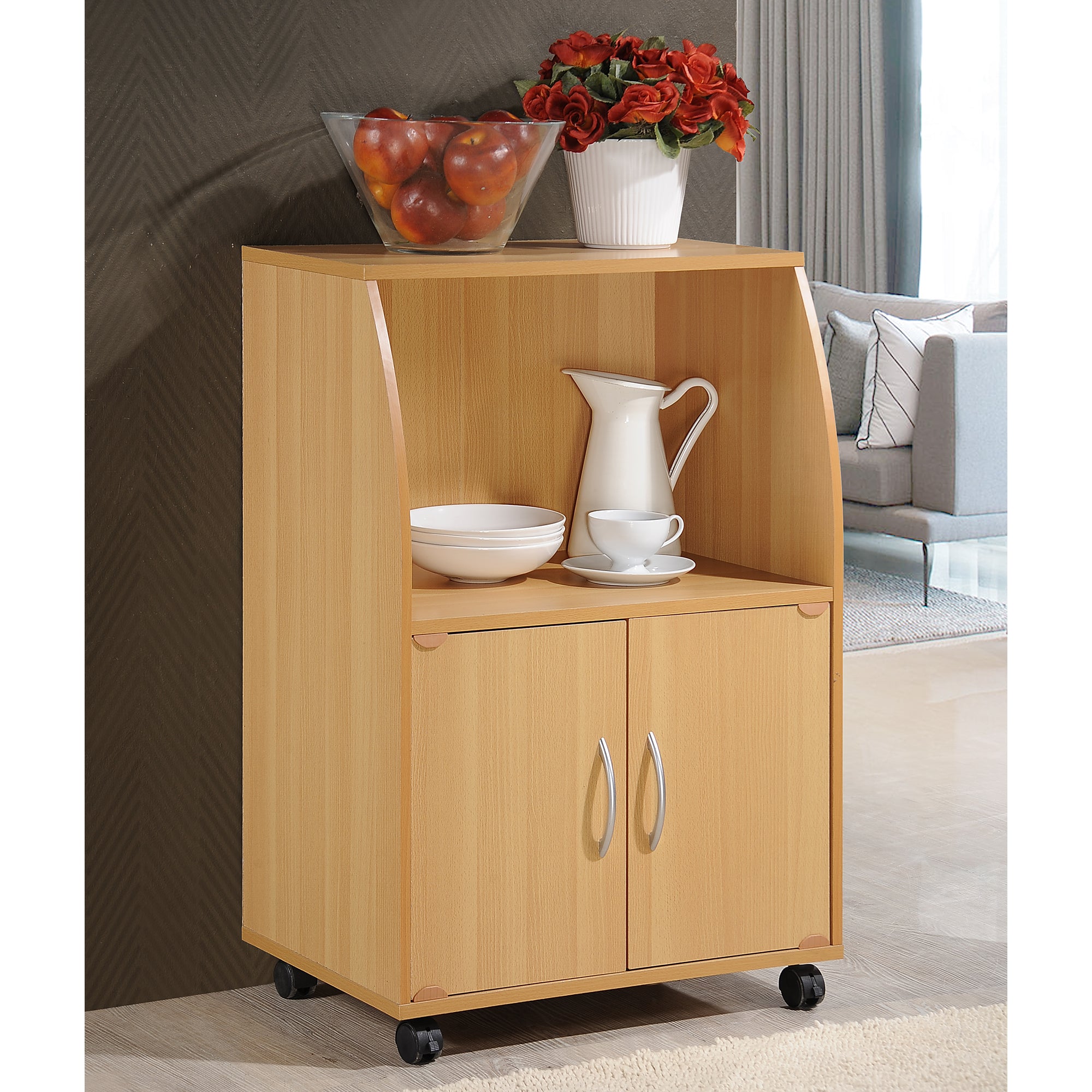 Hodedah Wooden Mini Wheeled Microwave Island Cart with Cabinet Storage, Beech - Smart-nests