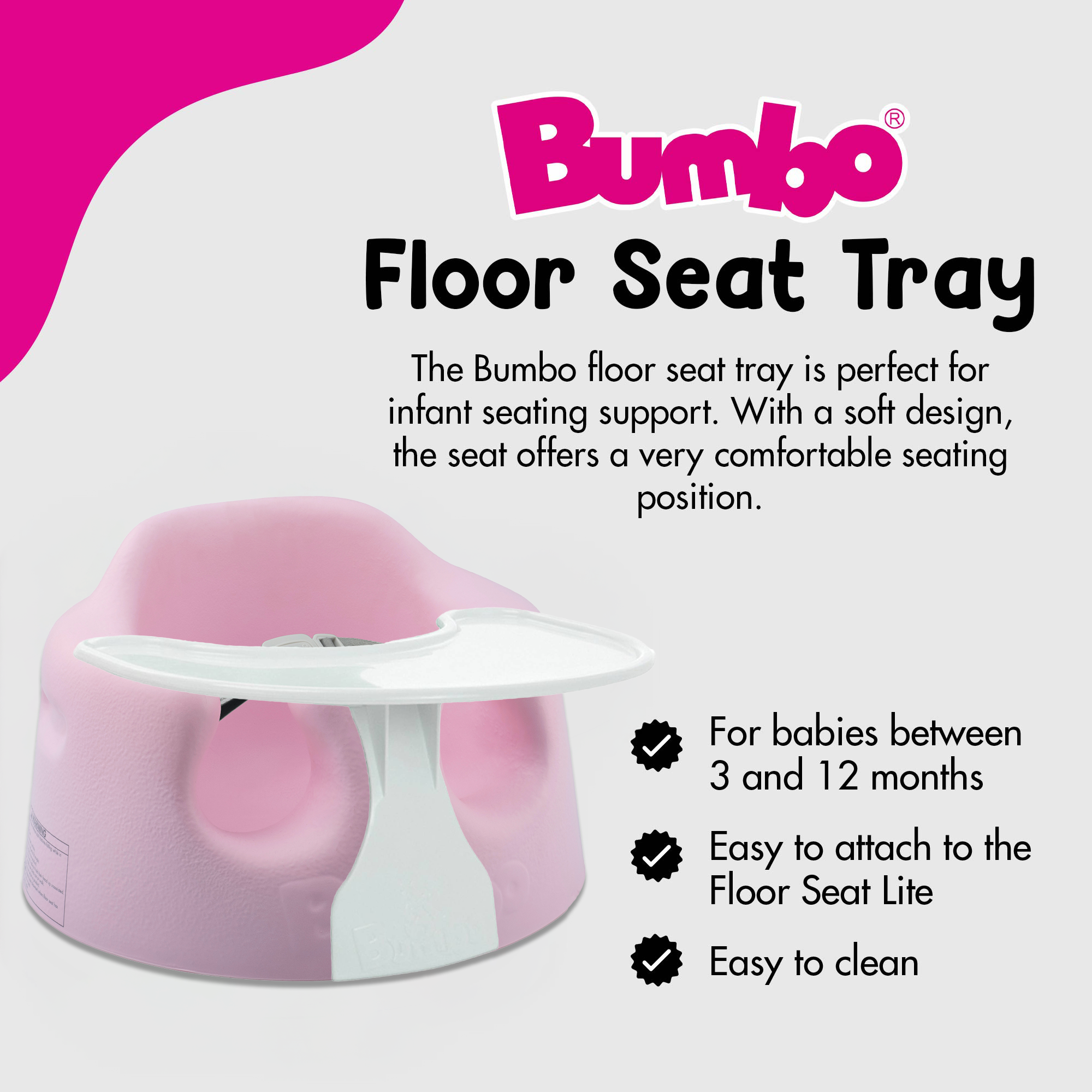 Bumbo Baby Infant Portable Foam Floor Seat with Play Top Tray Attachment, Pink - Smart-nests