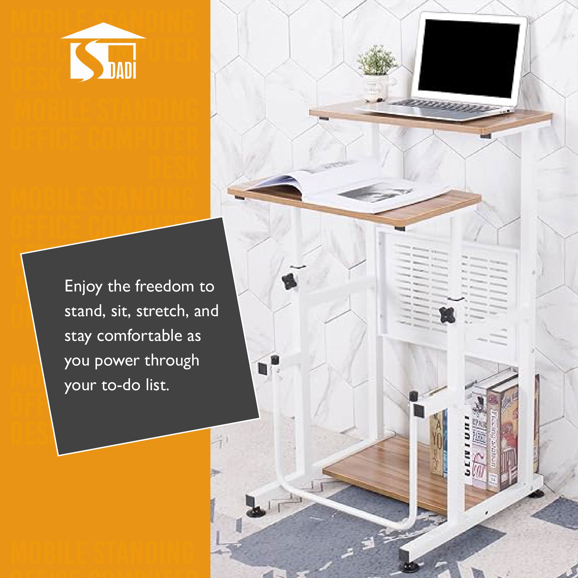 SDADI L1010WFLT Adjustable Height Mobile Standing Office Computer Desk, Light - Smart-nests