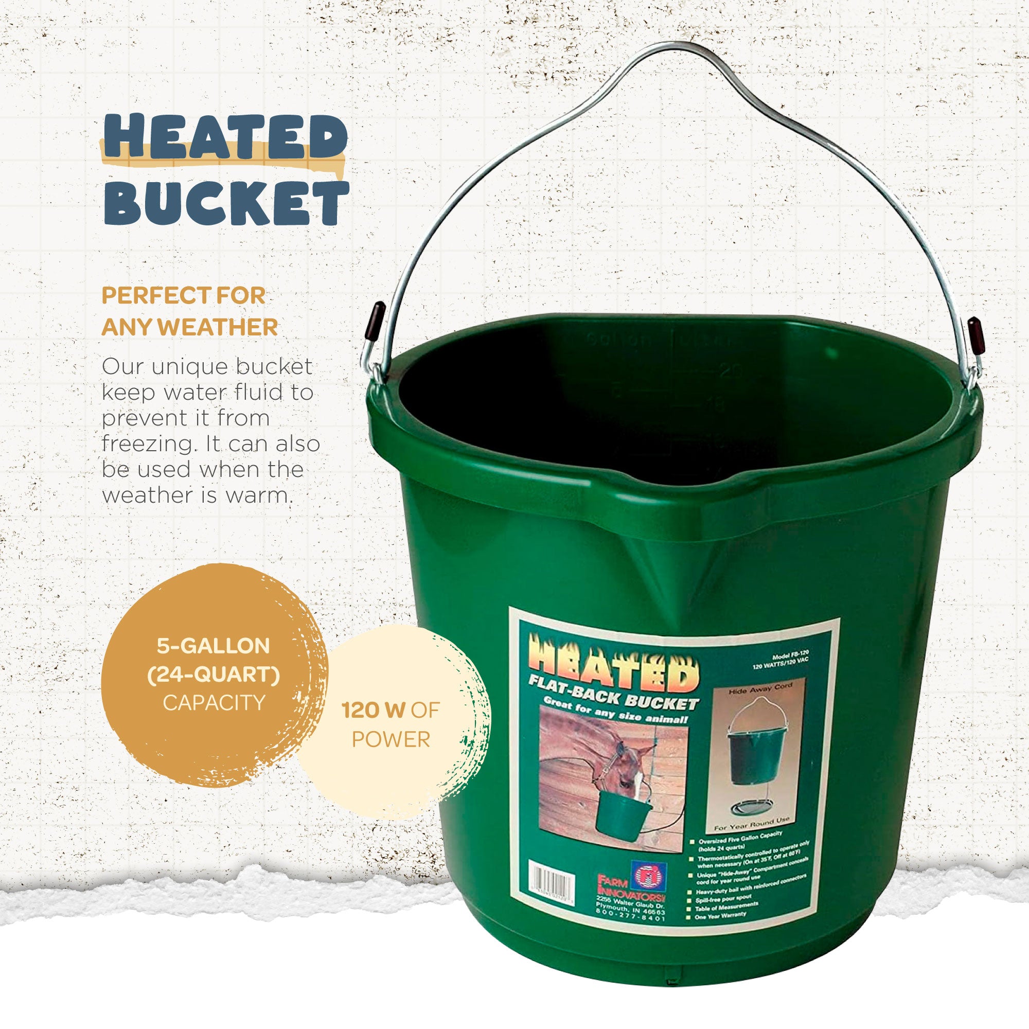 Farm Innovators Oversized 5 Gallon Plastic Flat Back Heated Bucket, 120 Watt - Smart-nests