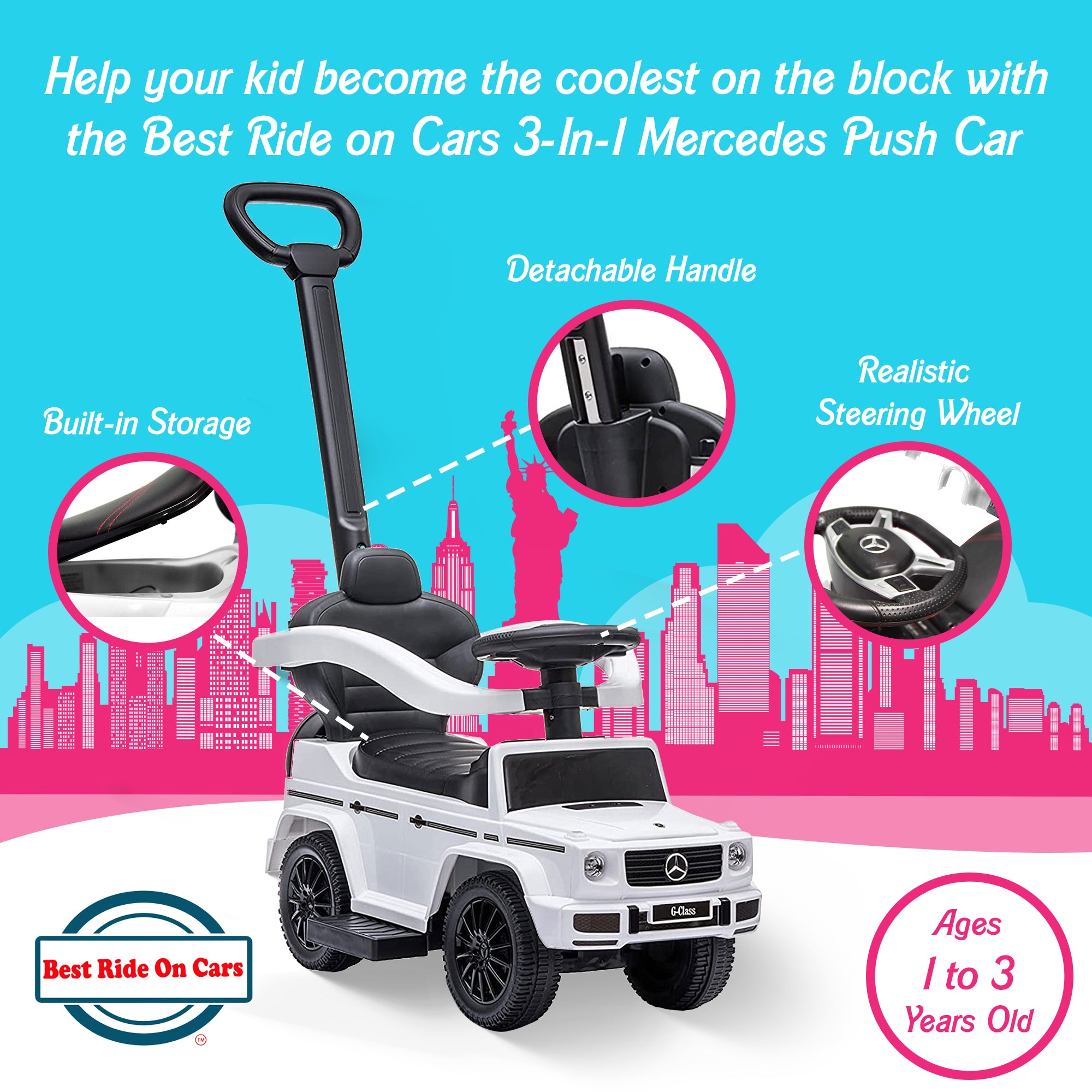 Best Ride On Cars Kids Outdoor Stroller Mercedes G-Wagon 3 in 1 Push Car, White - Smart-nests