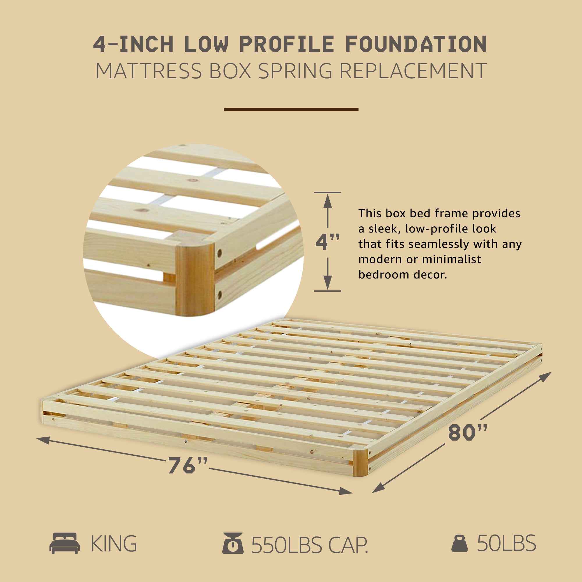 Hercules 4 Inch Low Profile Foundation Mattress Box Spring Replacement, King - Smart-nests