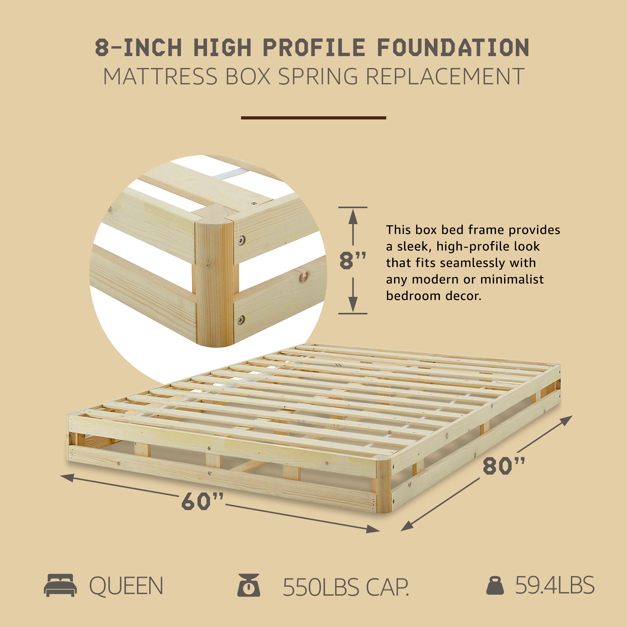 Hercules 8 Inch High Profile Instant Foundation Box Spring Replacement, Queen - Smart-nests