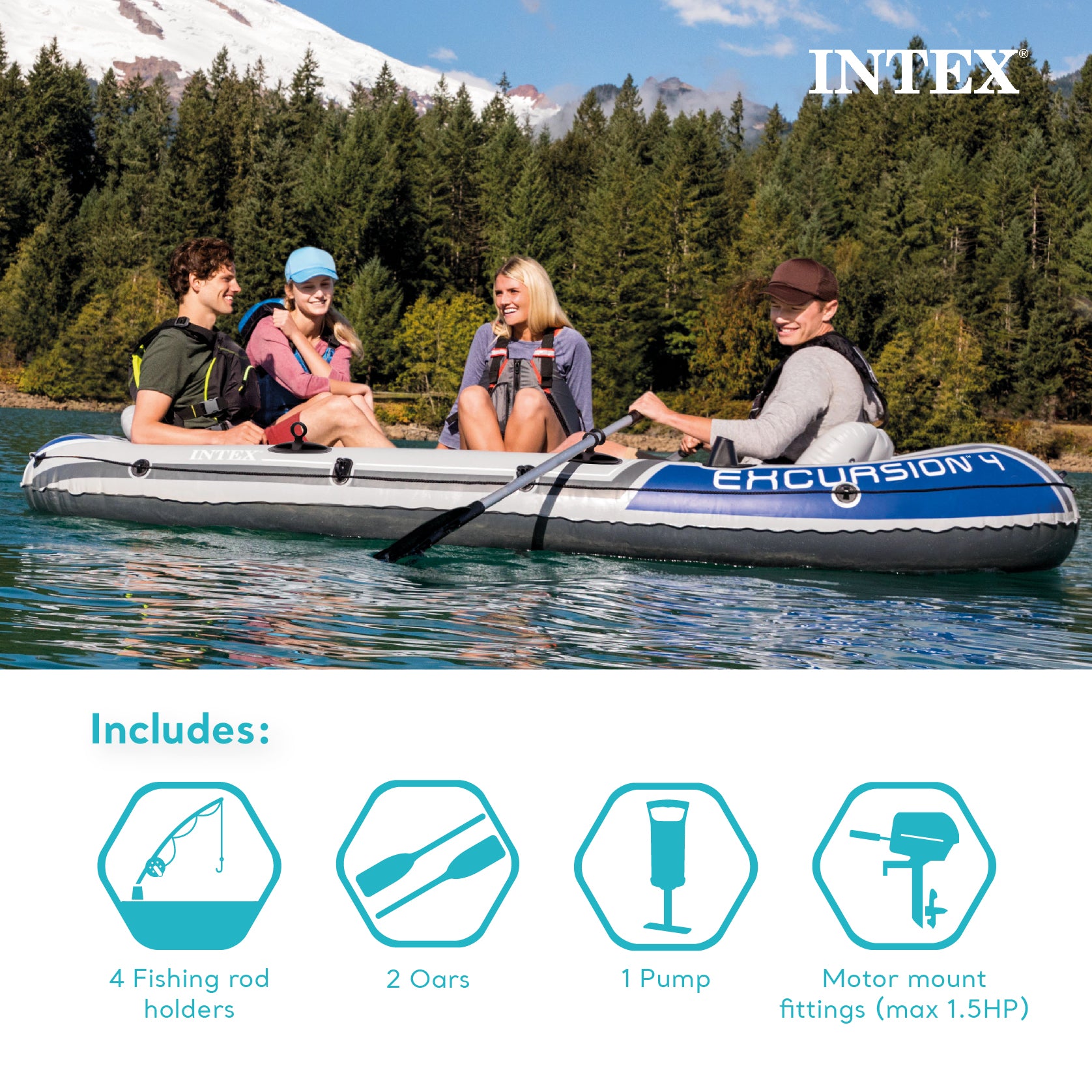 Intex Excursion 5 Person Inflatable Boat, Water Fishing River Raft Set w/Oars - Smart-nests