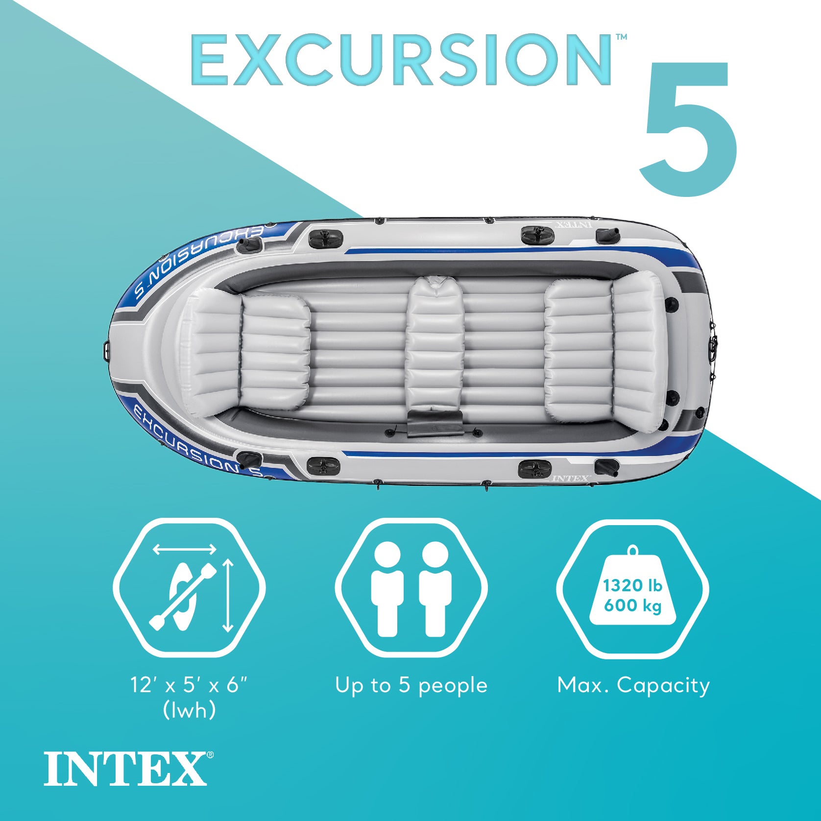 Intex Excursion 5 Person Inflatable Boat, Water Fishing River Raft Set w/Oars - Smart-nests