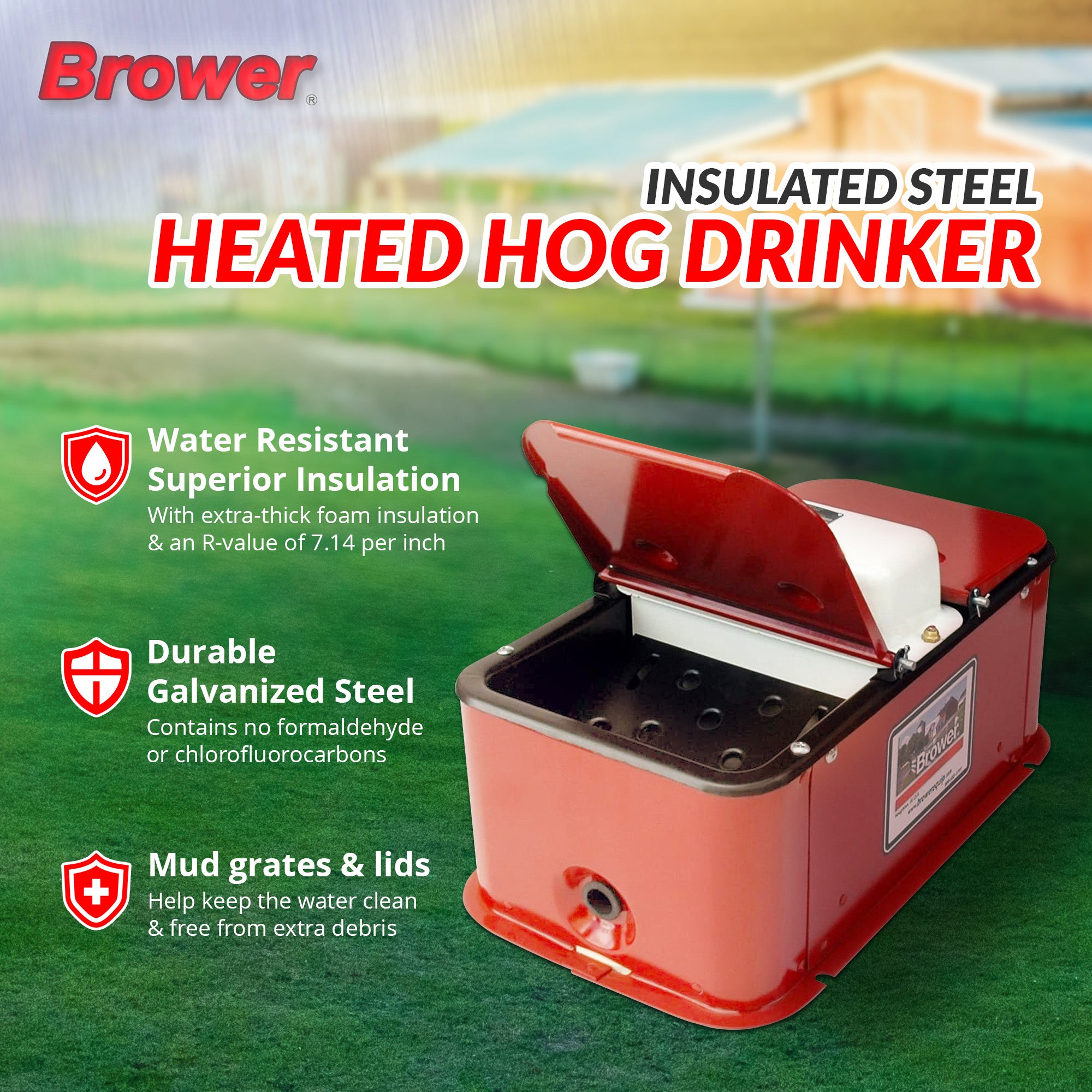 Brower MC32E Insulated Steel Heated Livestock Hog Drinker with Lid & Mud Grates - Smart-nests