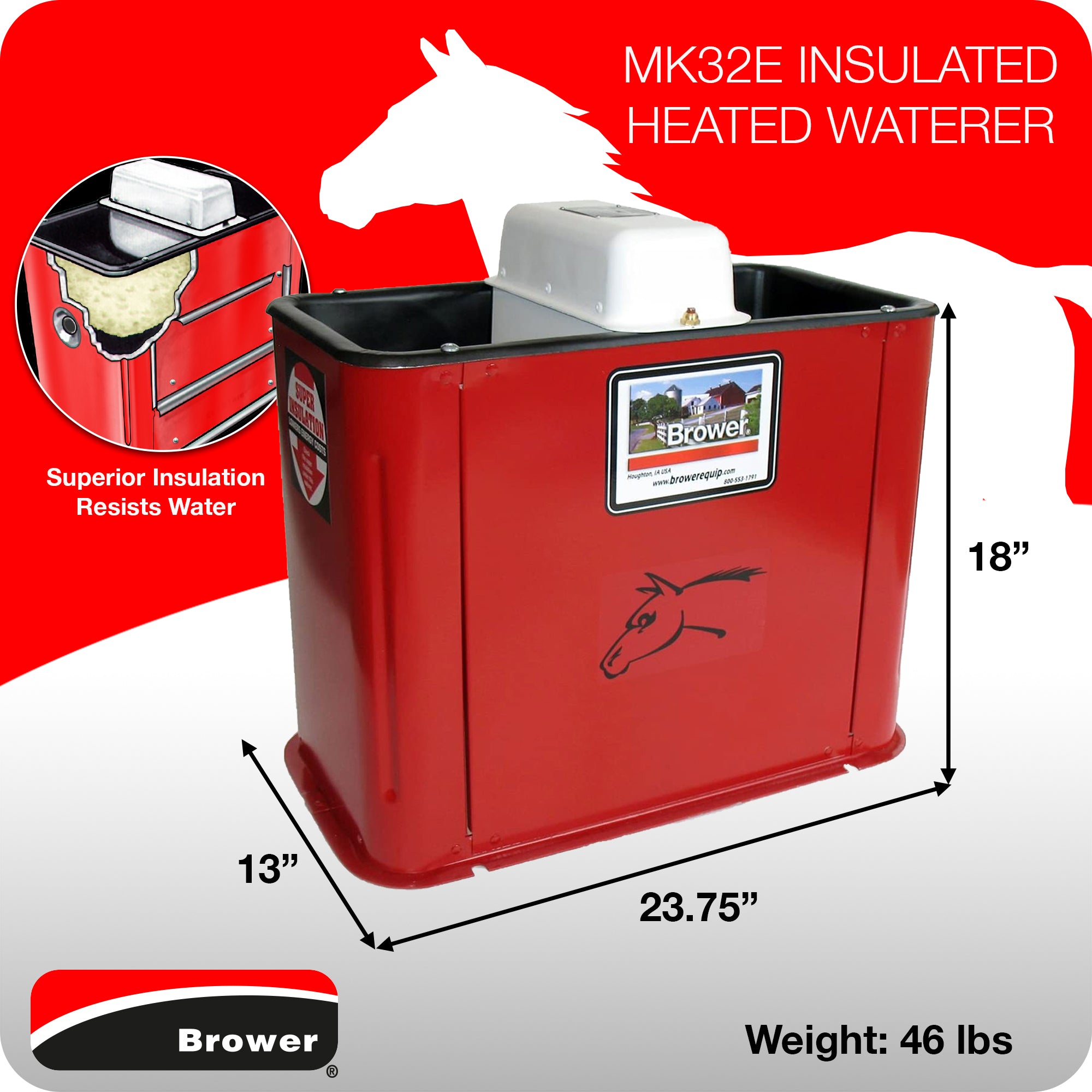 Brower MK32E 18 Inch Insulated Steel Electric Heated Livestock Waterer, Red - Smart-nests